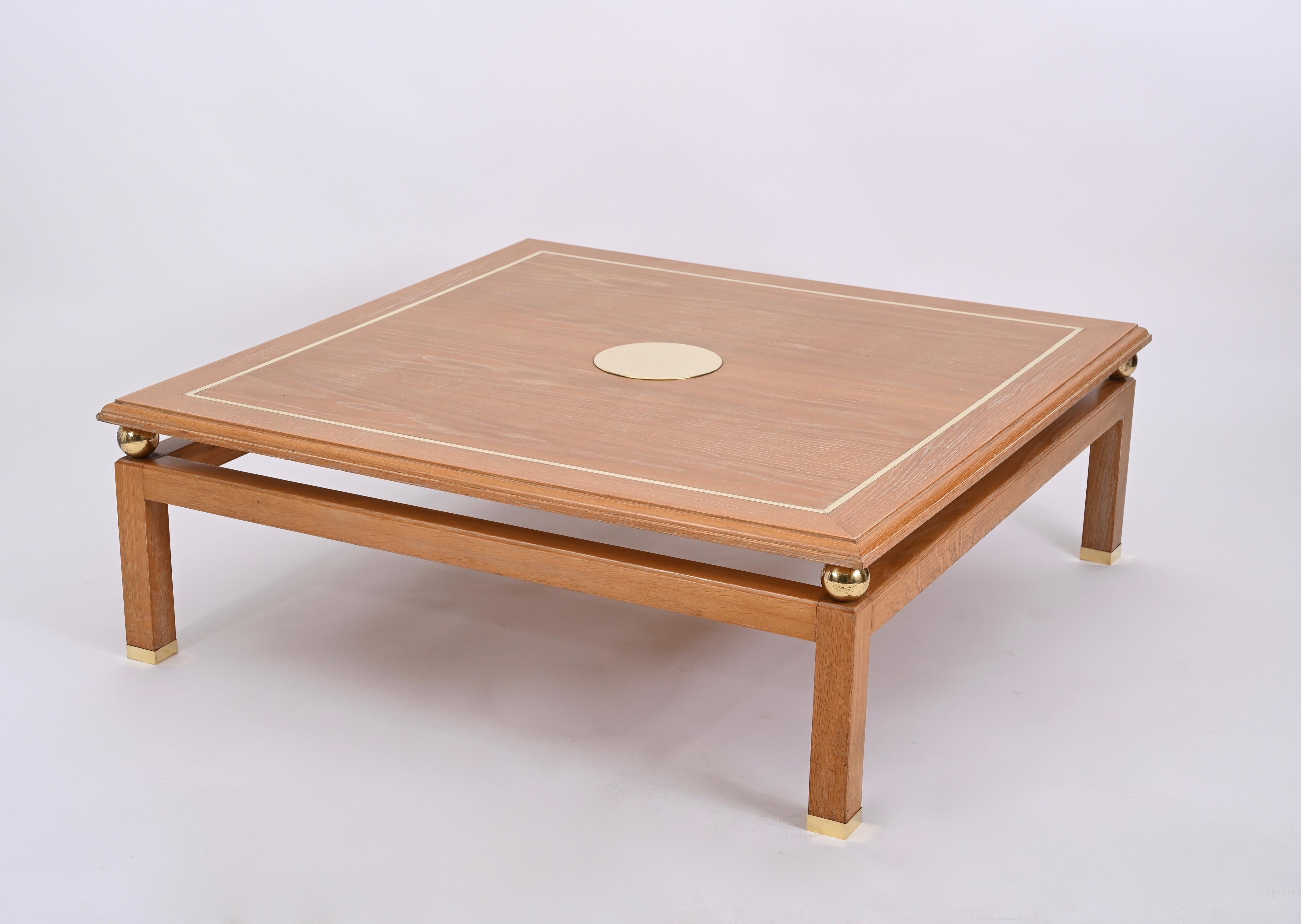 Coffee Table in Oak Wood and Brass, Signed by Tommaso Barbi, Italy, 1970s For Sale 3