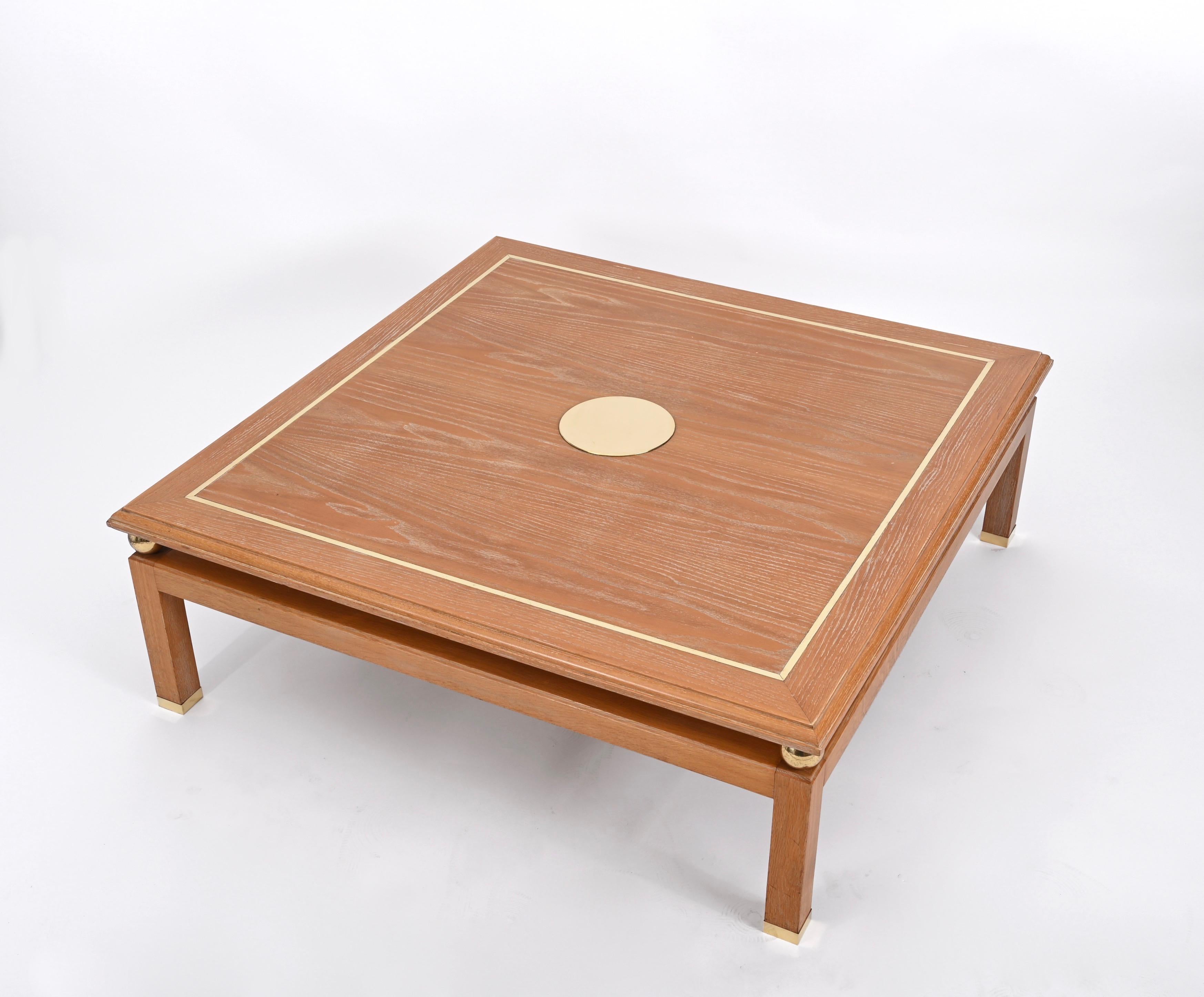 Coffee Table in Oak Wood and Brass, Signed by Tommaso Barbi, Italy, 1970s For Sale 4