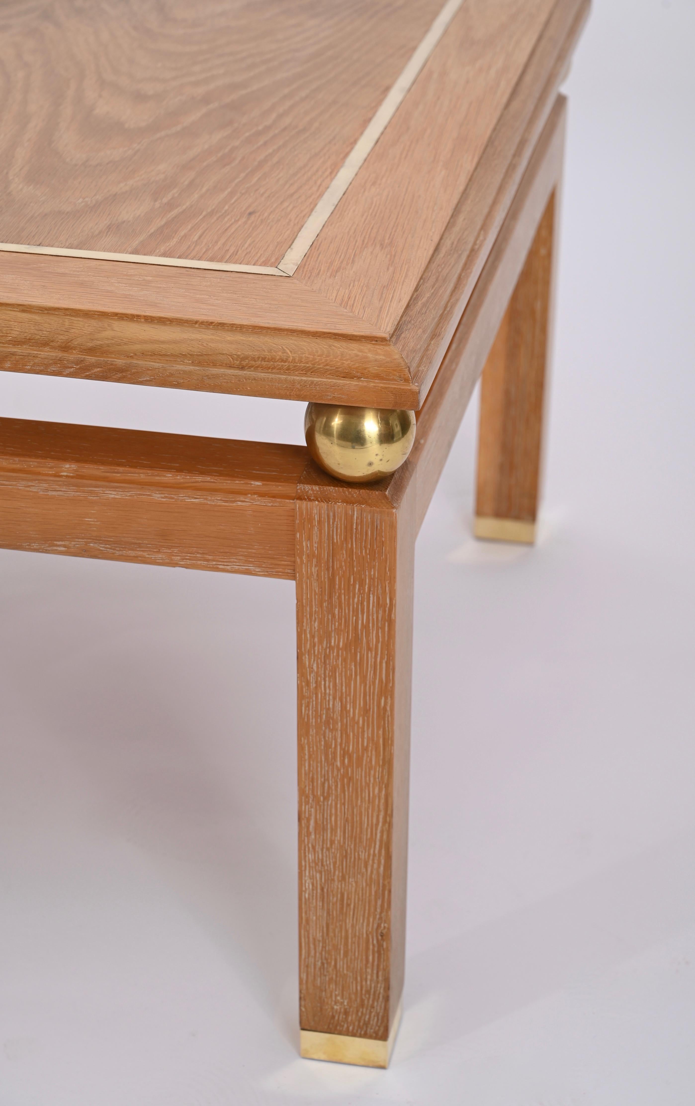 Coffee Table in Oak Wood and Brass, Signed by Tommaso Barbi, Italy 1970s For Sale 4