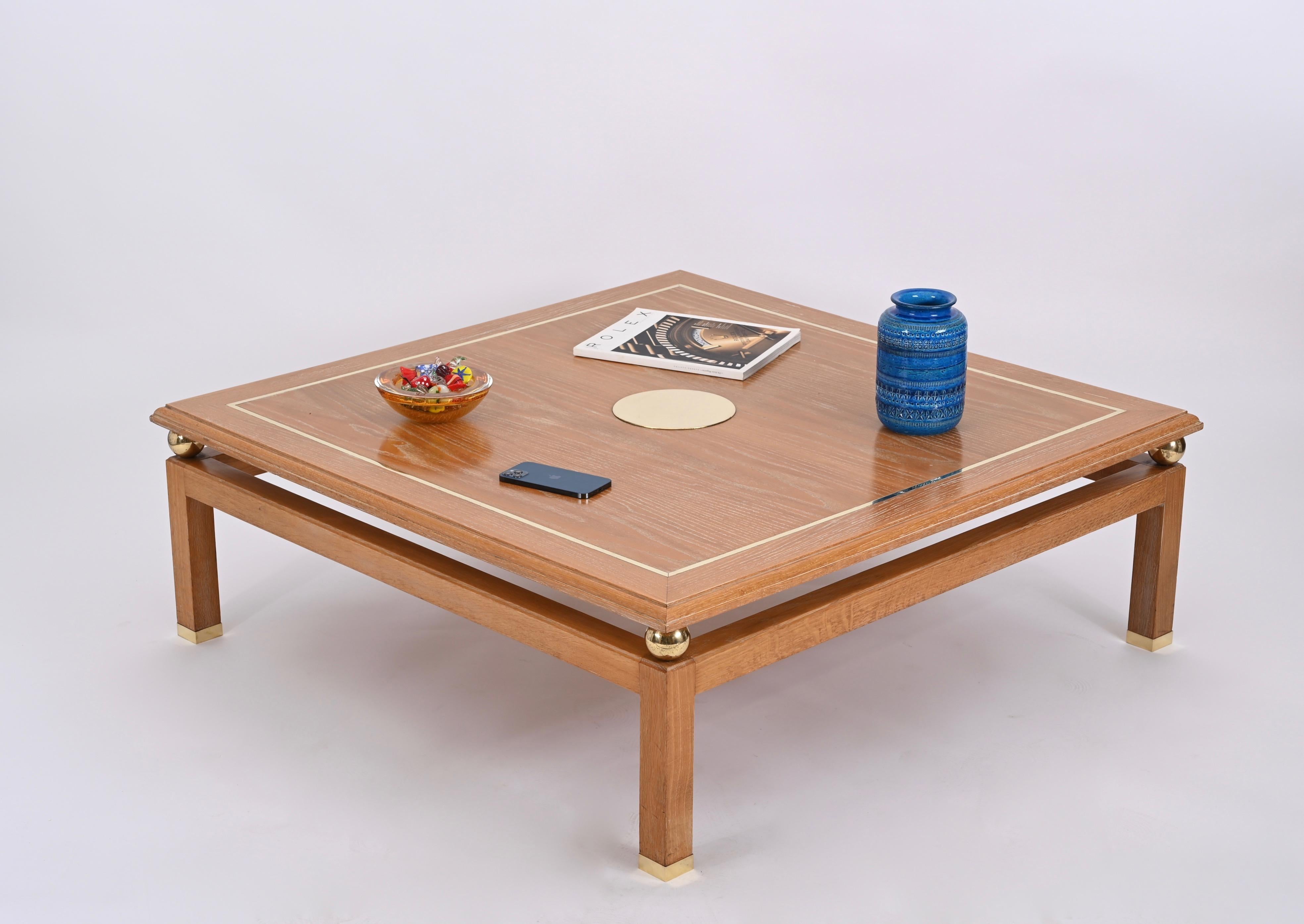 Coffee Table in Oak Wood and Brass, Signed by Tommaso Barbi, Italy, 1970s For Sale 5