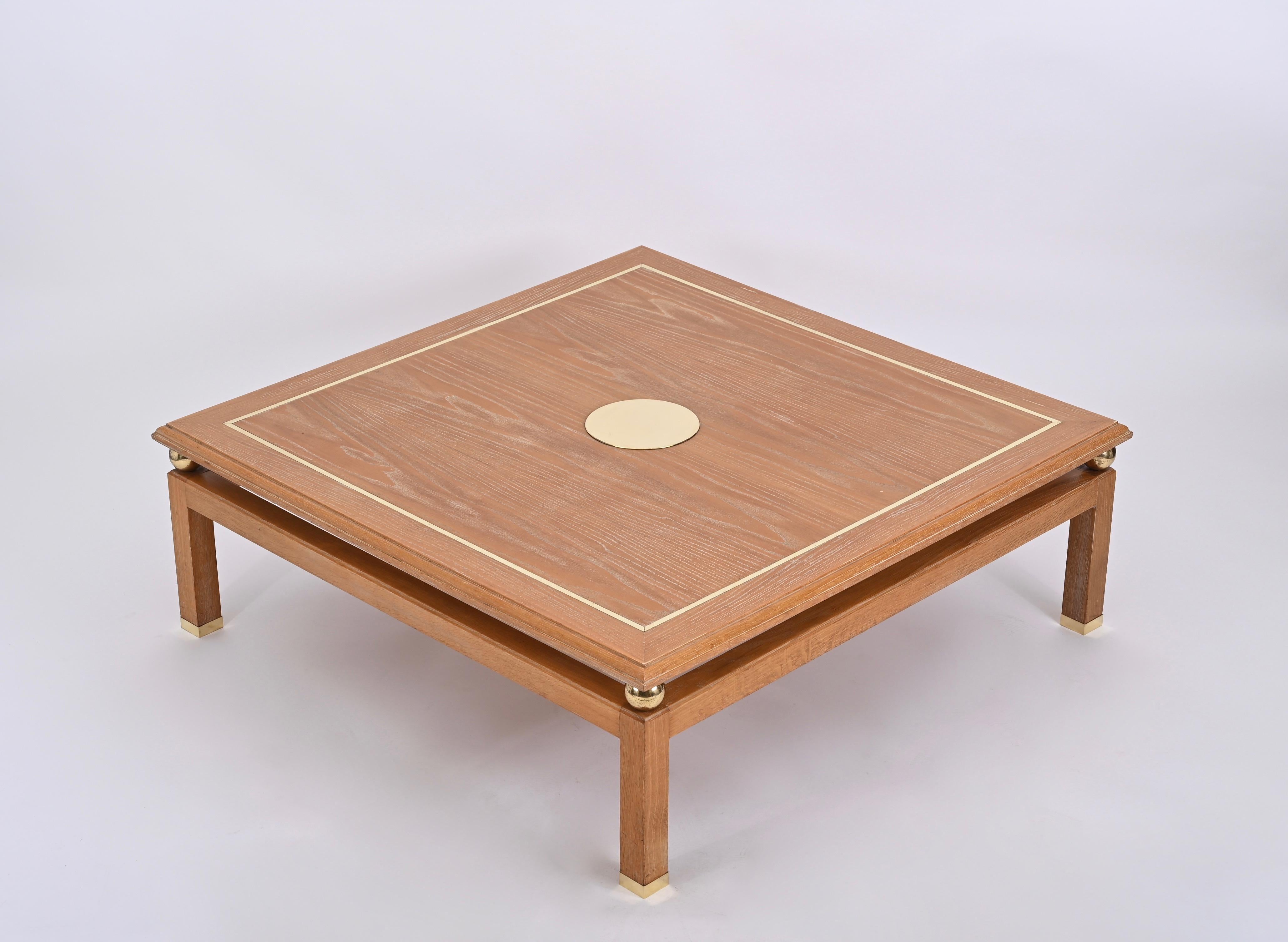 Coffee Table in Oak Wood and Brass, Signed by Tommaso Barbi, Italy, 1970s For Sale 6