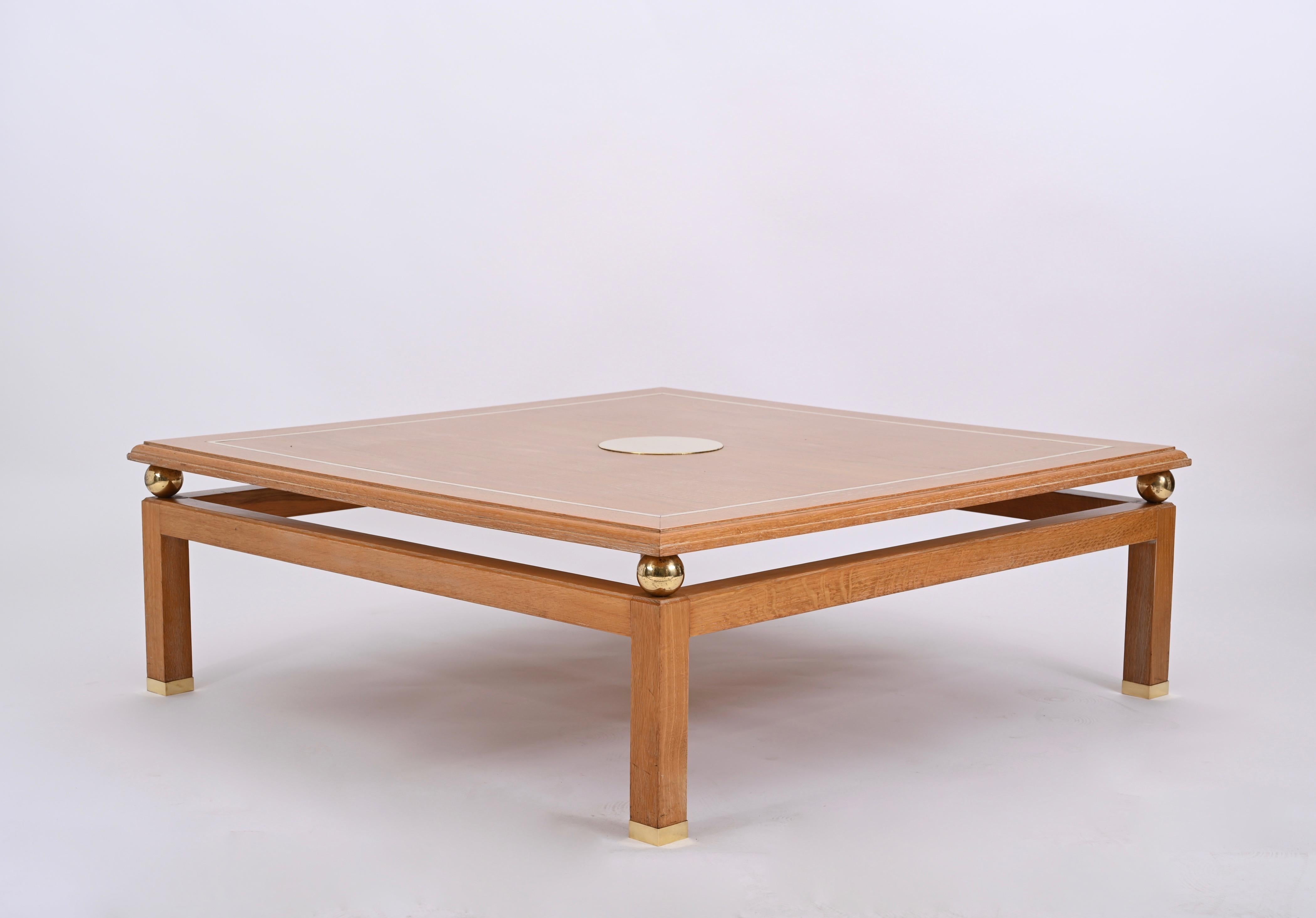 Coffee Table in Oak Wood and Brass, Signed by Tommaso Barbi, Italy, 1970s For Sale 7