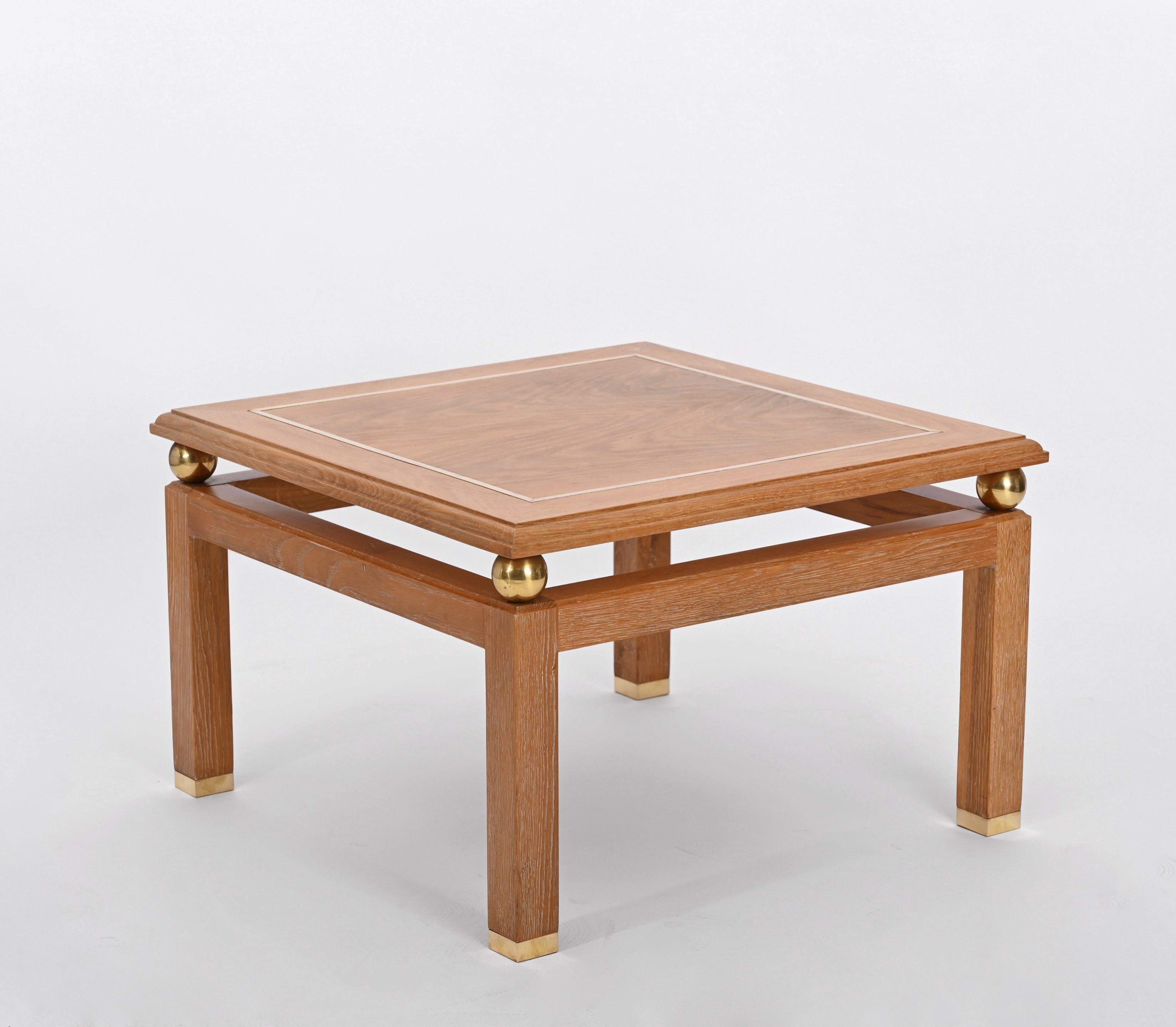 Coffee Table in Oak Wood and Brass, Signed by Tommaso Barbi, Italy 1970s For Sale 7