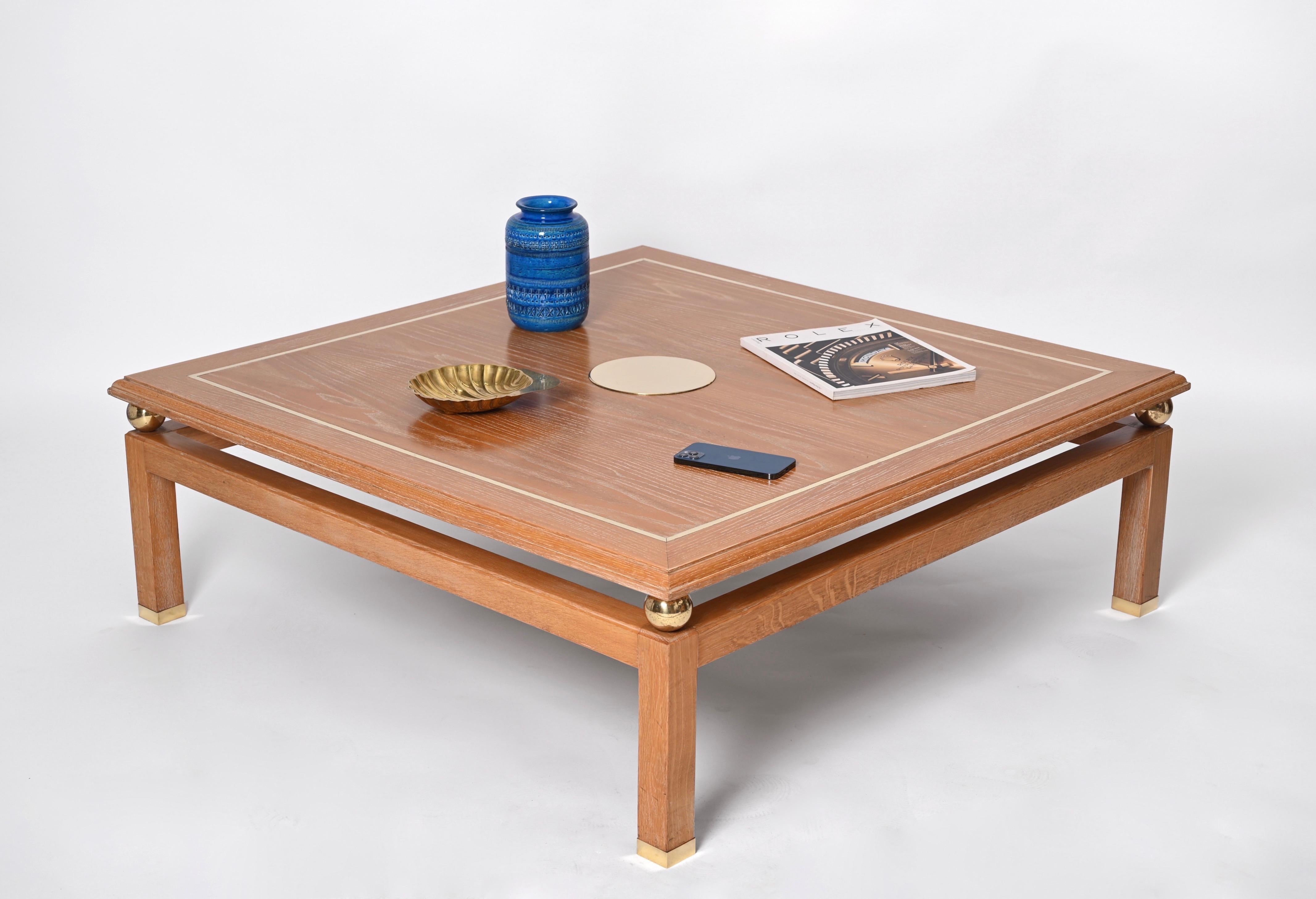 Coffee Table in Oak Wood and Brass, Signed by Tommaso Barbi, Italy, 1970s For Sale 8