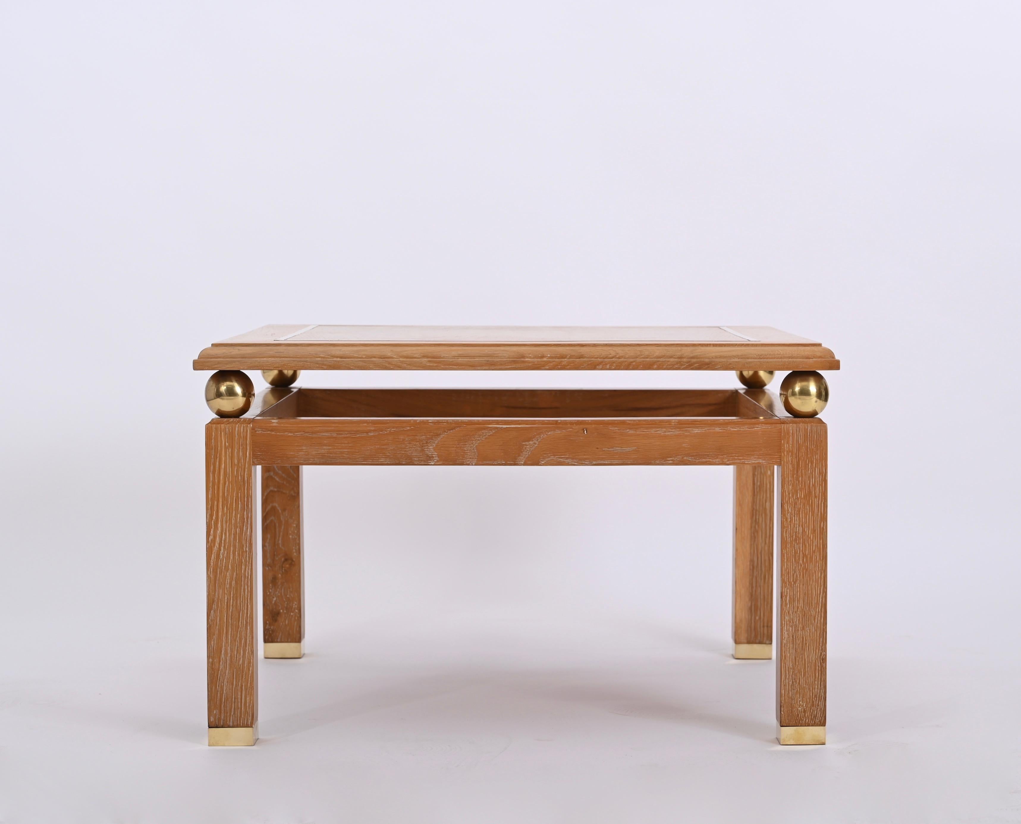 Coffee Table in Oak Wood and Brass, Signed by Tommaso Barbi, Italy 1970s For Sale 8