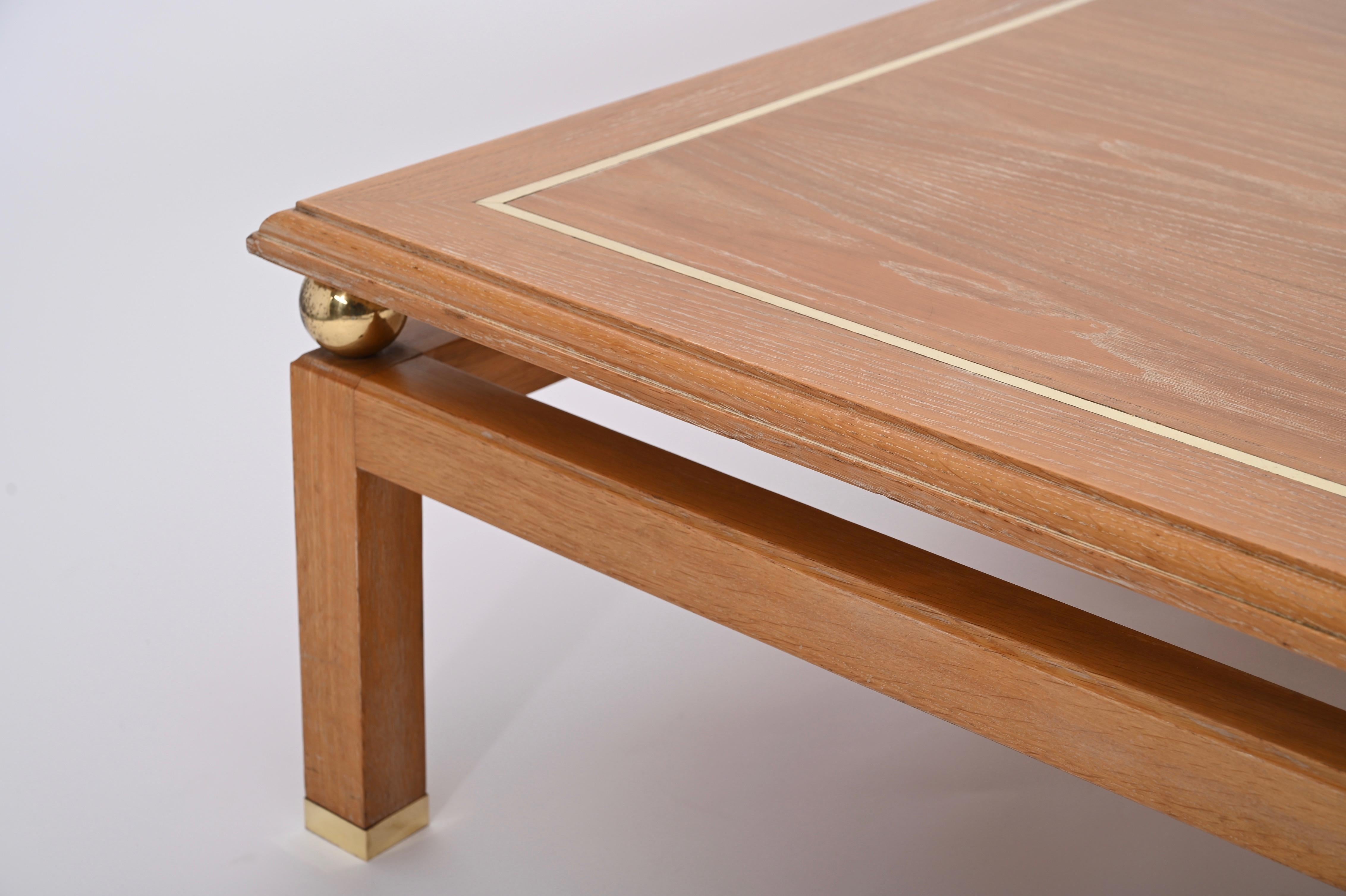 Coffee Table in Oak Wood and Brass, Signed by Tommaso Barbi, Italy, 1970s For Sale 9