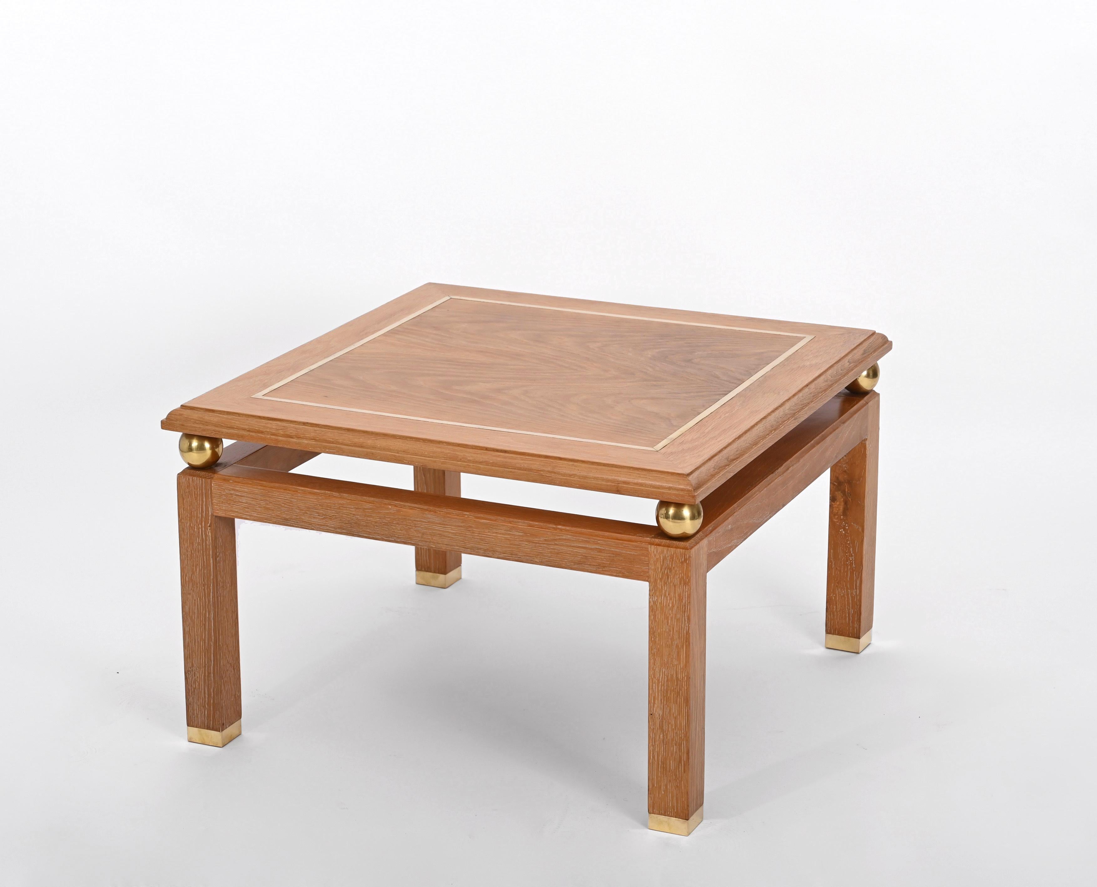 Coffee Table in Oak Wood and Brass, Signed by Tommaso Barbi, Italy 1970s For Sale 9
