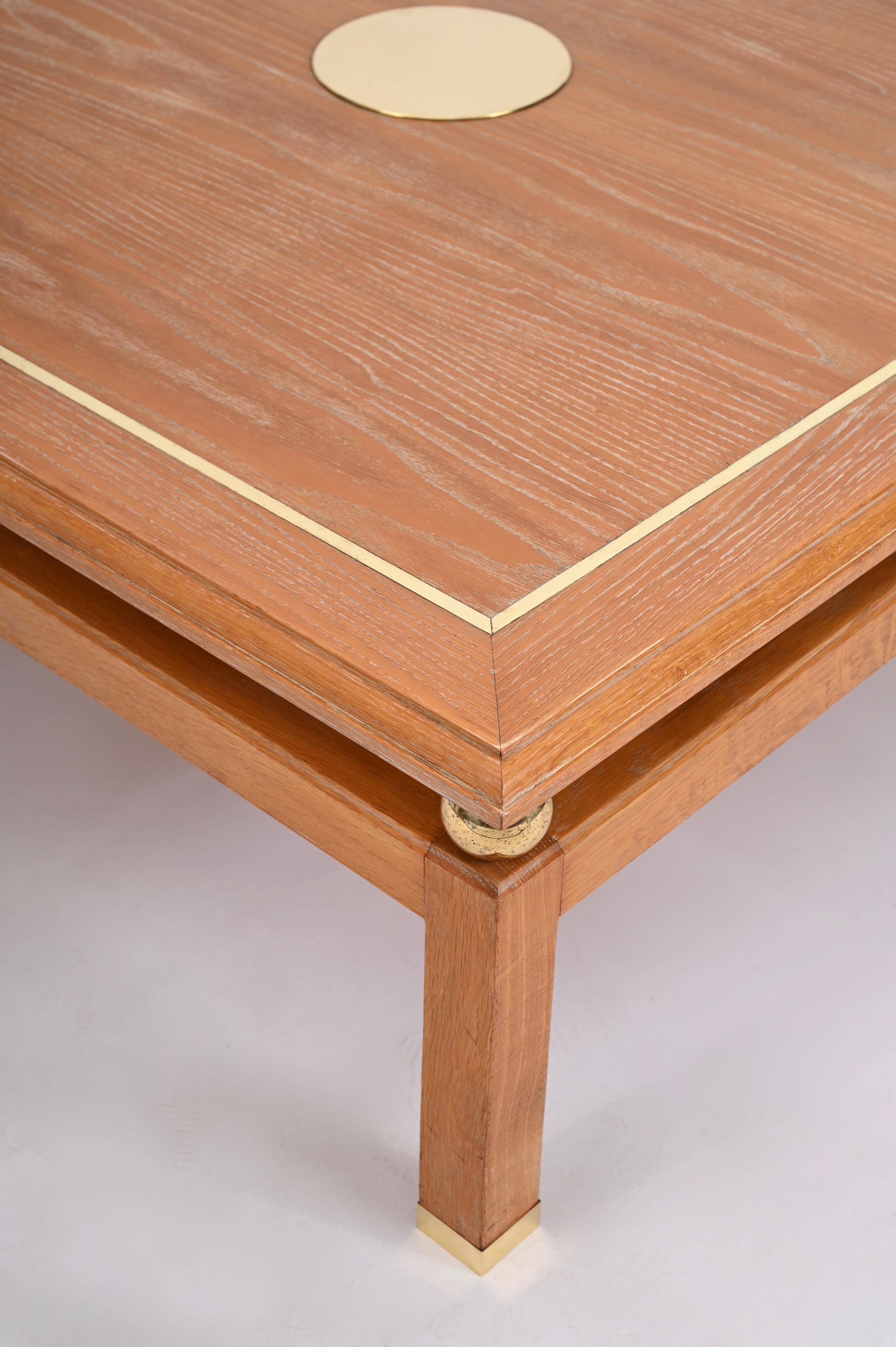 Coffee Table in Oak Wood and Brass, Signed by Tommaso Barbi, Italy, 1970s For Sale 10