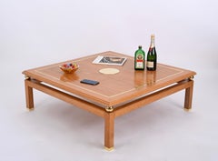 Coffee Table in Oak Wood and Brass, Signed by Tommaso Barbi, Italy, 1970s