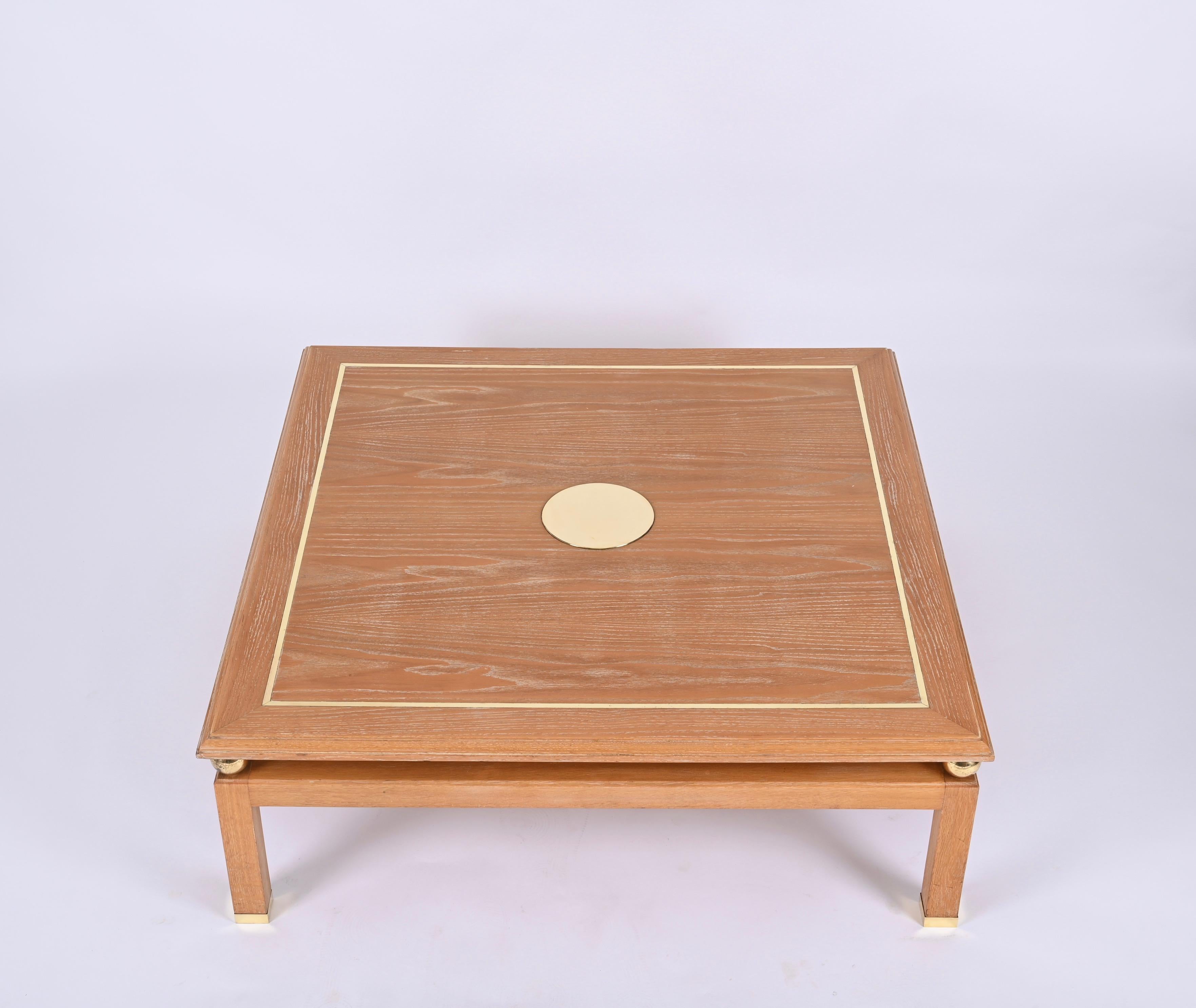 Italian Coffee Table in Oak Wood and Brass, Signed by Tommaso Barbi, Italy, 1970s For Sale