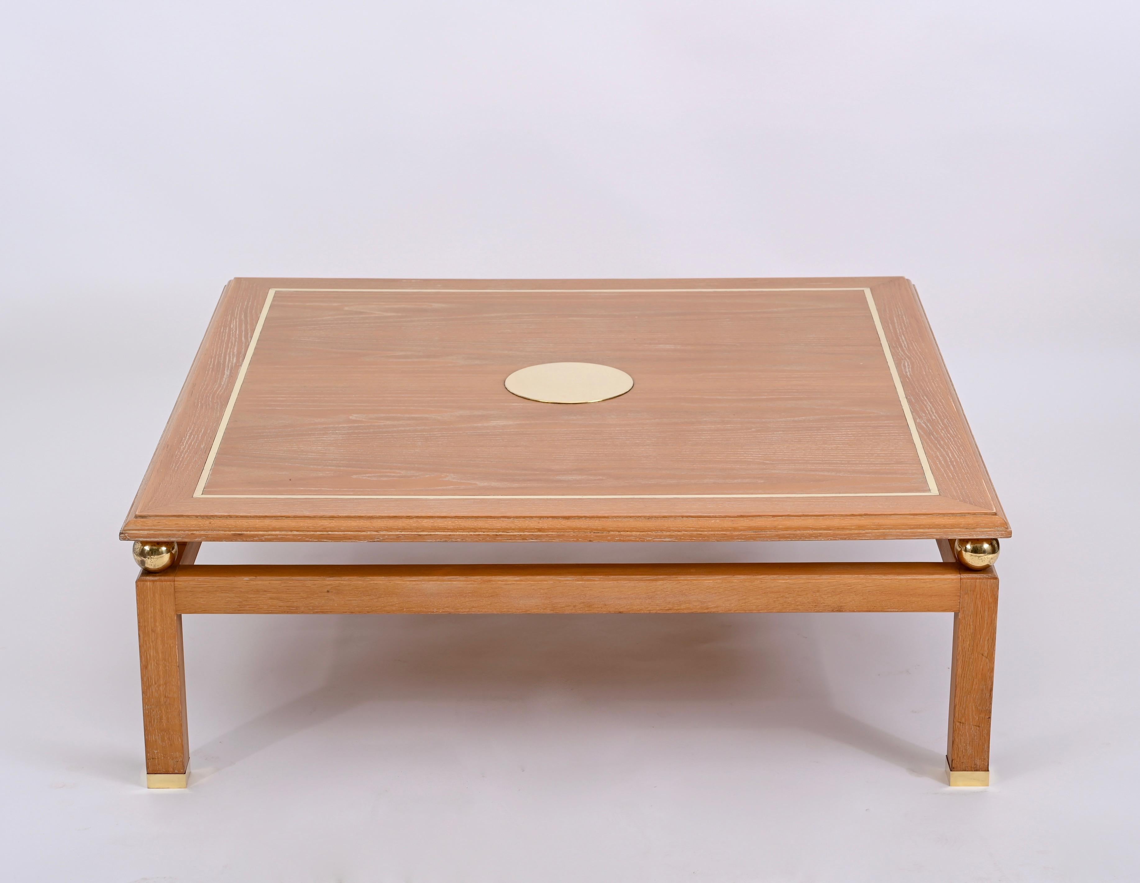 Polished Coffee Table in Oak Wood and Brass, Signed by Tommaso Barbi, Italy, 1970s For Sale