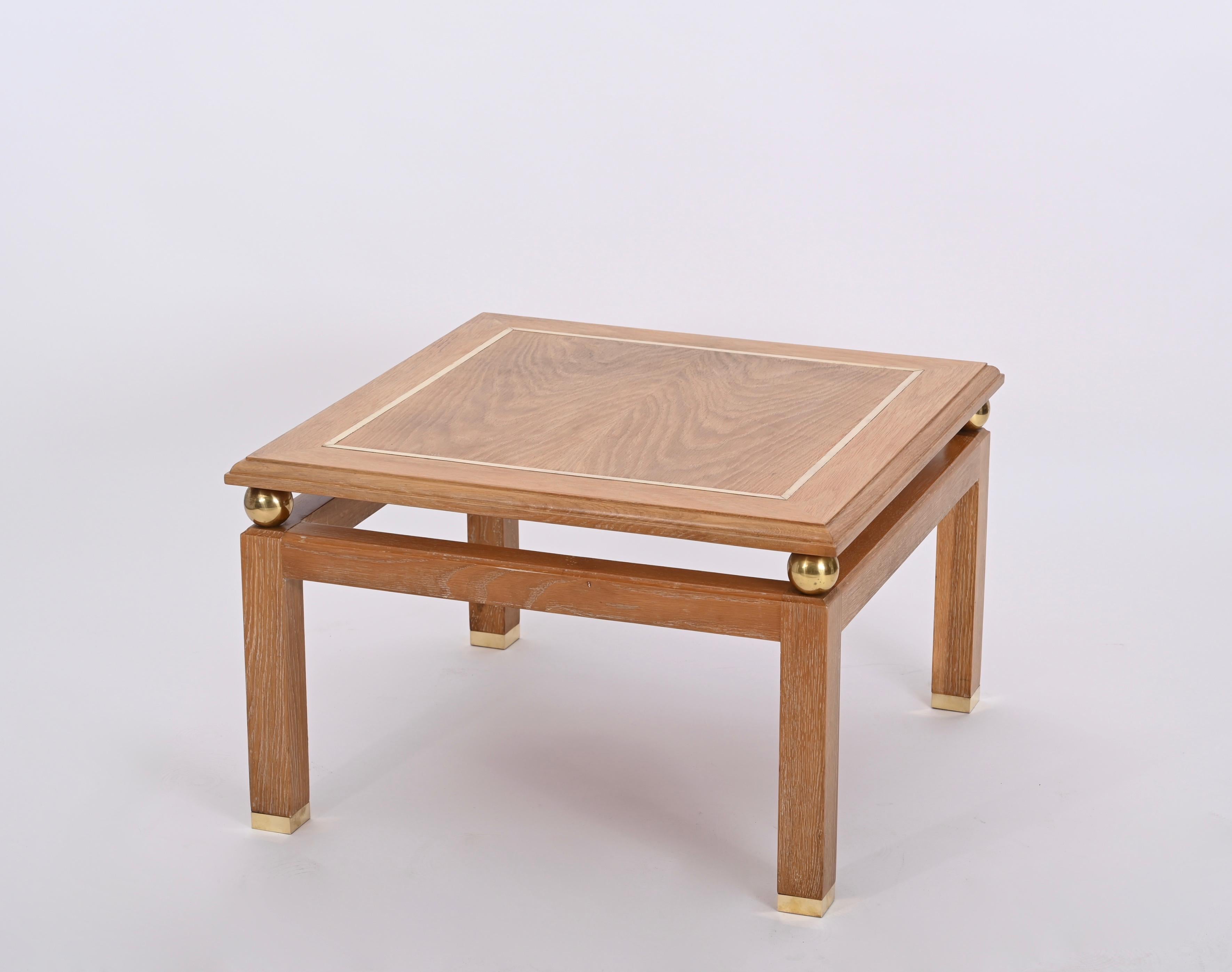 Polished Coffee Table in Oak Wood and Brass, Signed by Tommaso Barbi, Italy 1970s For Sale