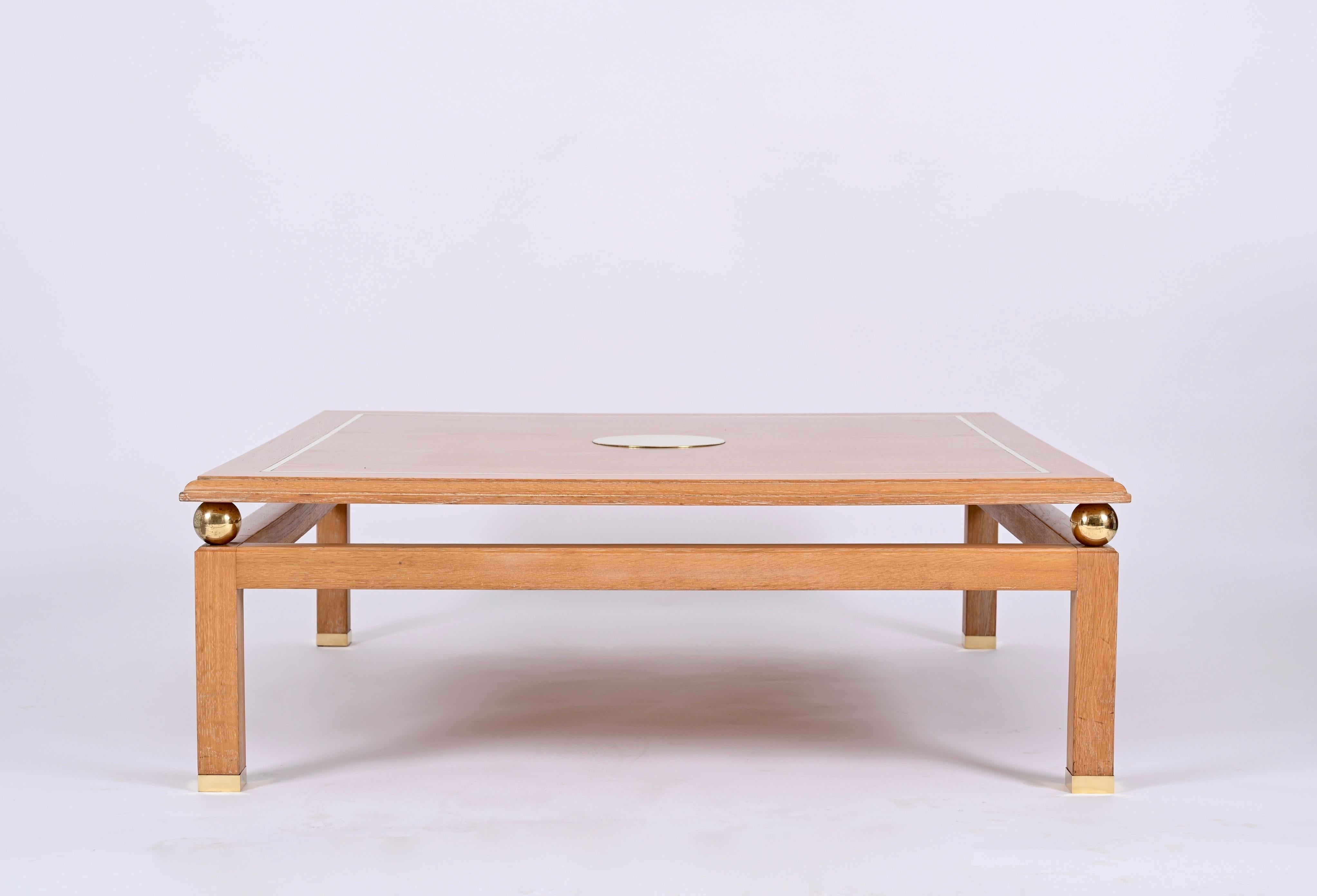 20th Century Coffee Table in Oak Wood and Brass, Signed by Tommaso Barbi, Italy, 1970s For Sale