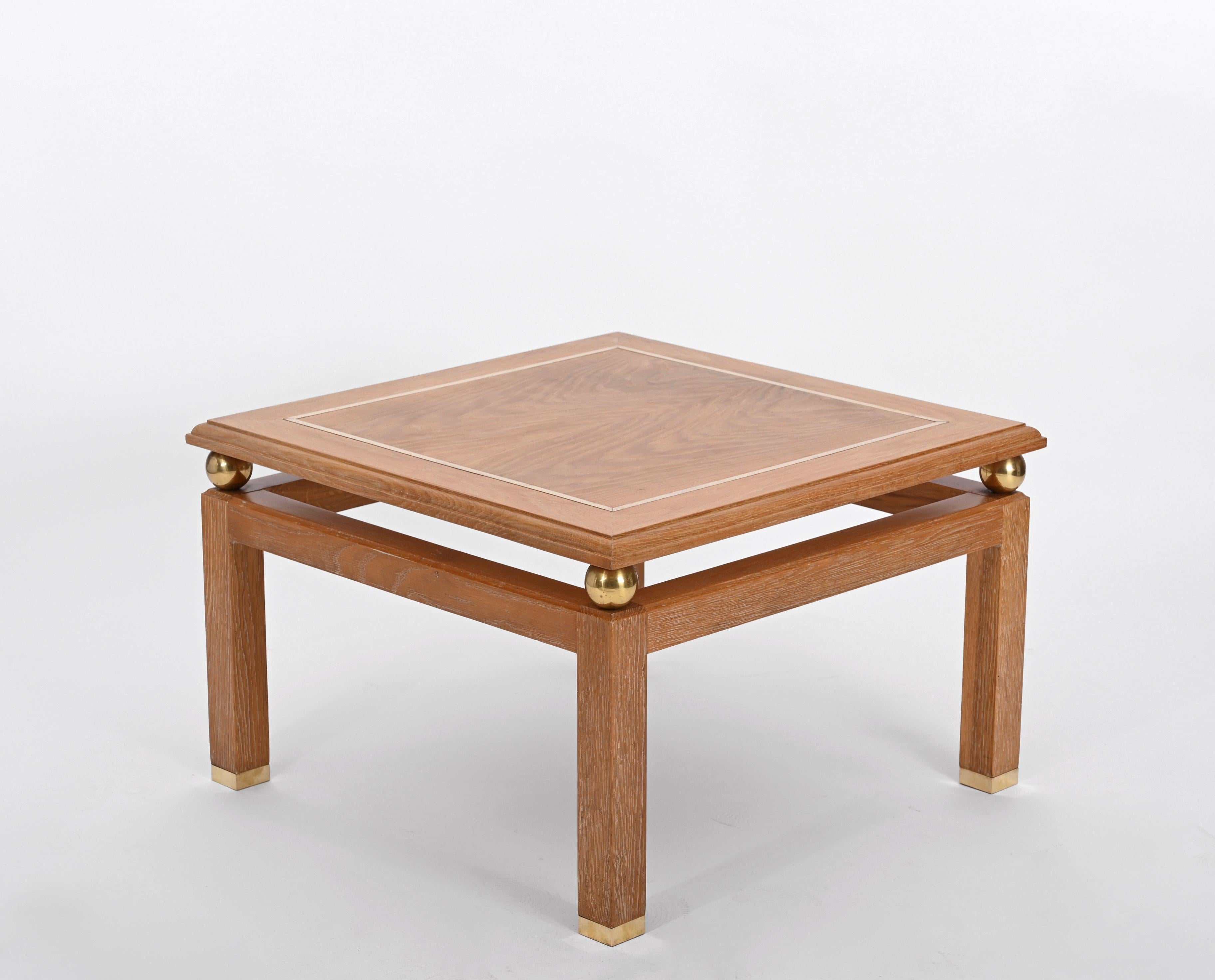 20th Century Coffee Table in Oak Wood and Brass, Signed by Tommaso Barbi, Italy 1970s For Sale