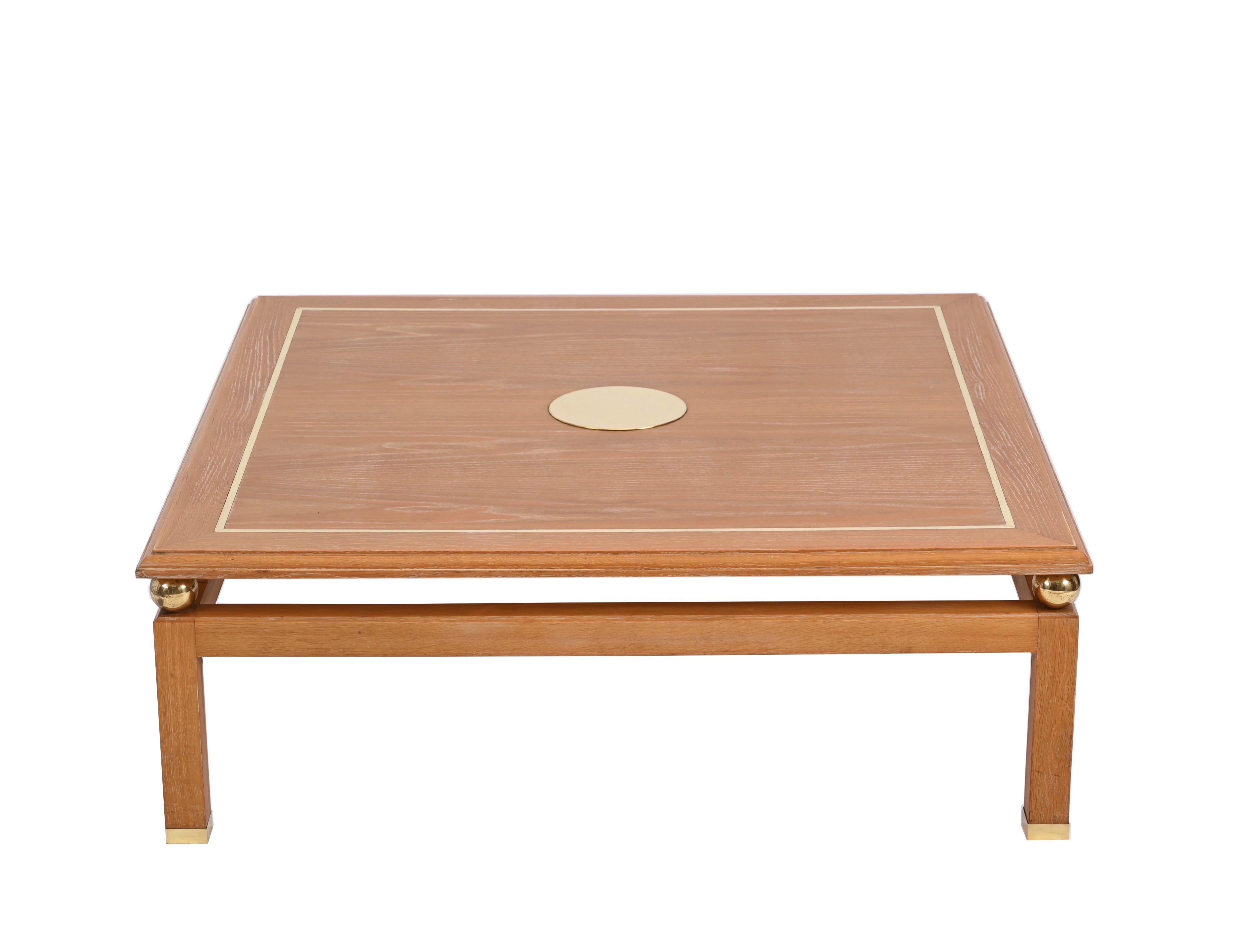 Coffee Table in Oak Wood and Brass, Signed by Tommaso Barbi, Italy, 1970s For Sale 2