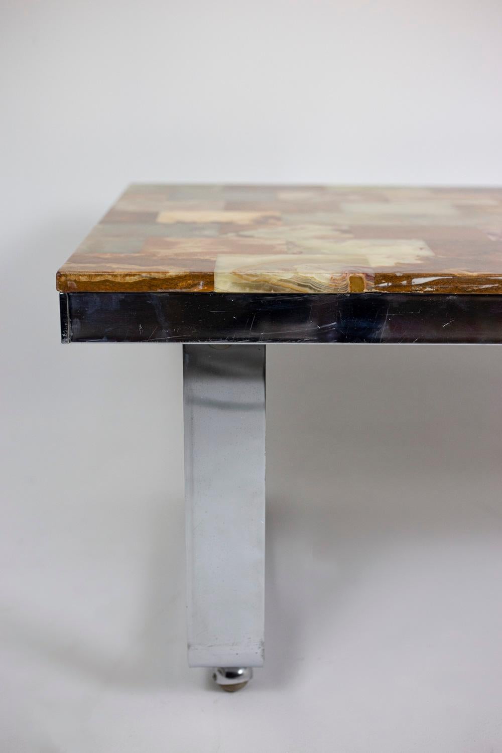 European Coffee Table in Onyx and Chromed Metal, 1970s For Sale