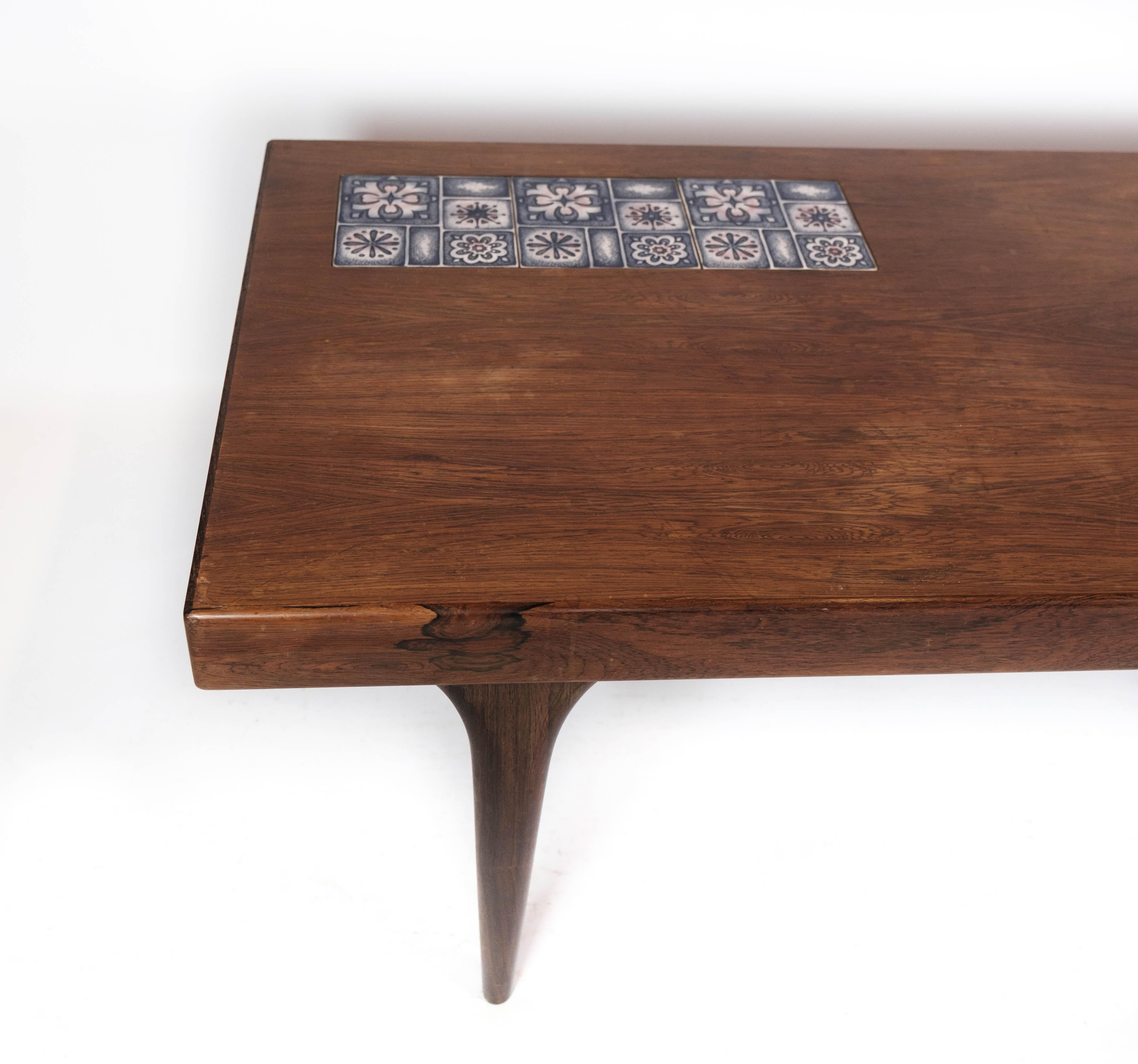 Danish Coffee Table Made In Rosewood With Blue Tiles by Johannes Andersen From 1960s For Sale