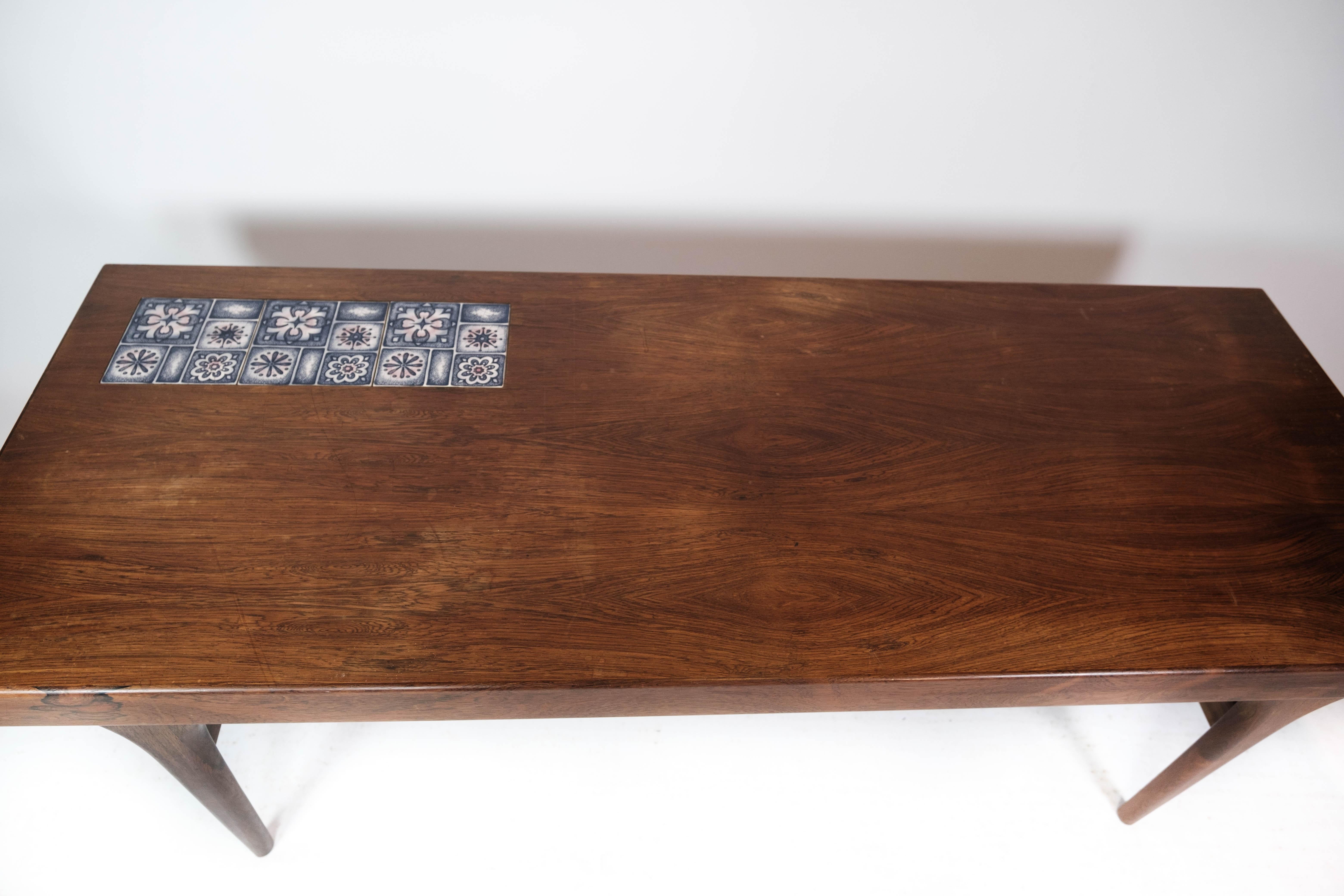 Ceramic Coffee Table Made In Rosewood With Blue Tiles by Johannes Andersen From 1960s For Sale