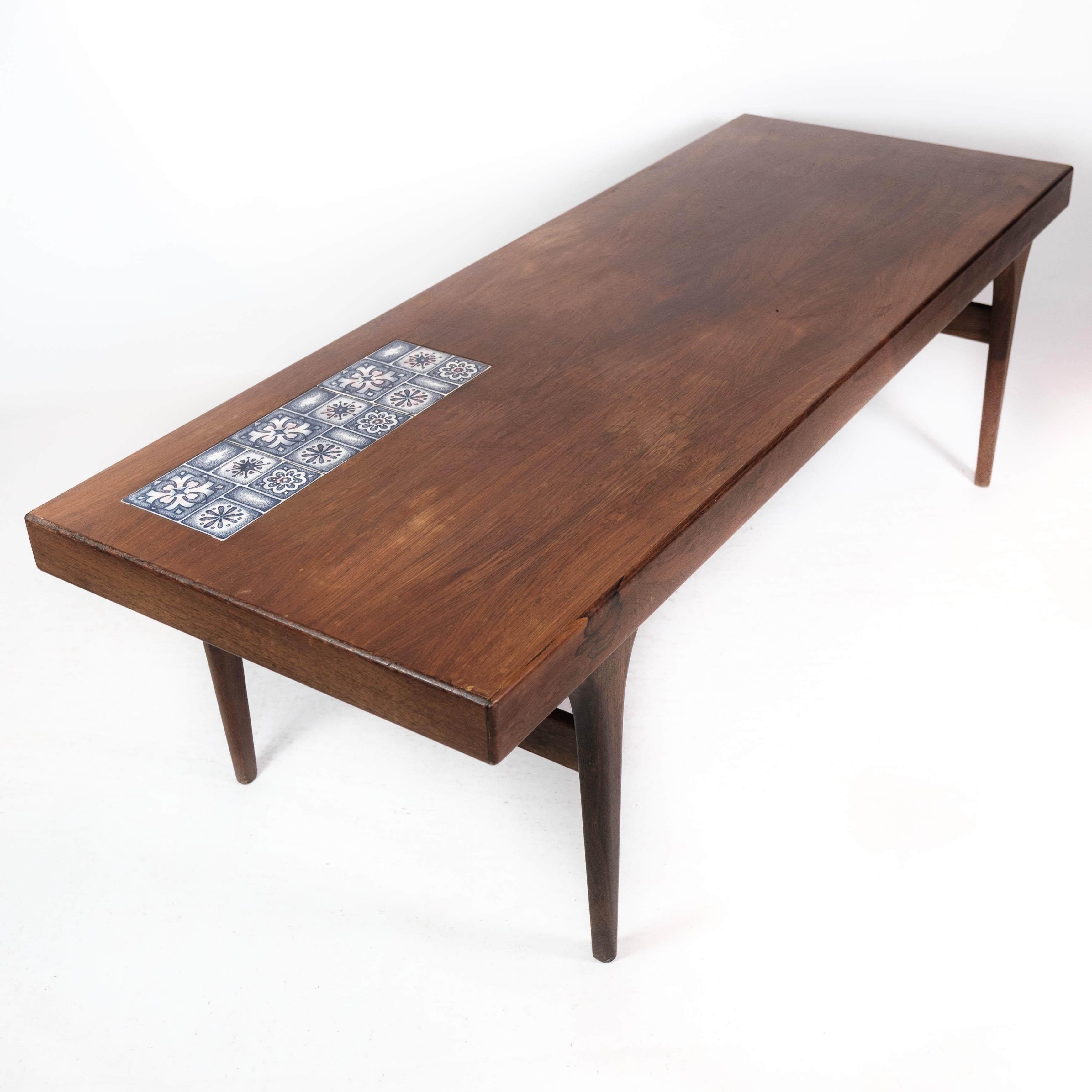 Coffee Table Made In Rosewood With Blue Tiles by Johannes Andersen From 1960s For Sale 1