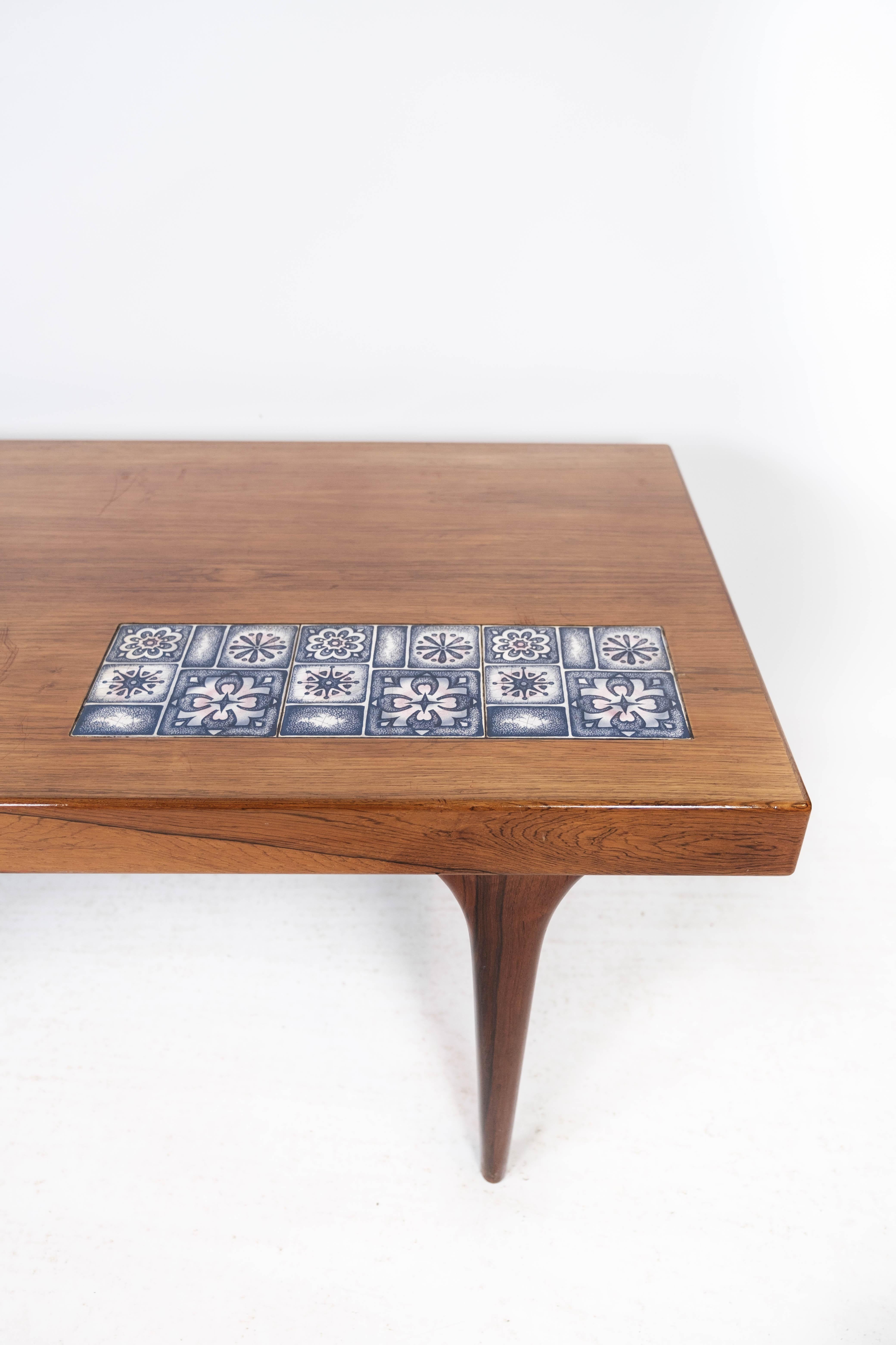 Scandinavian Modern Coffee Table in Rosewood with Blue Tiles Designed by Johannes Andersen, 1960s