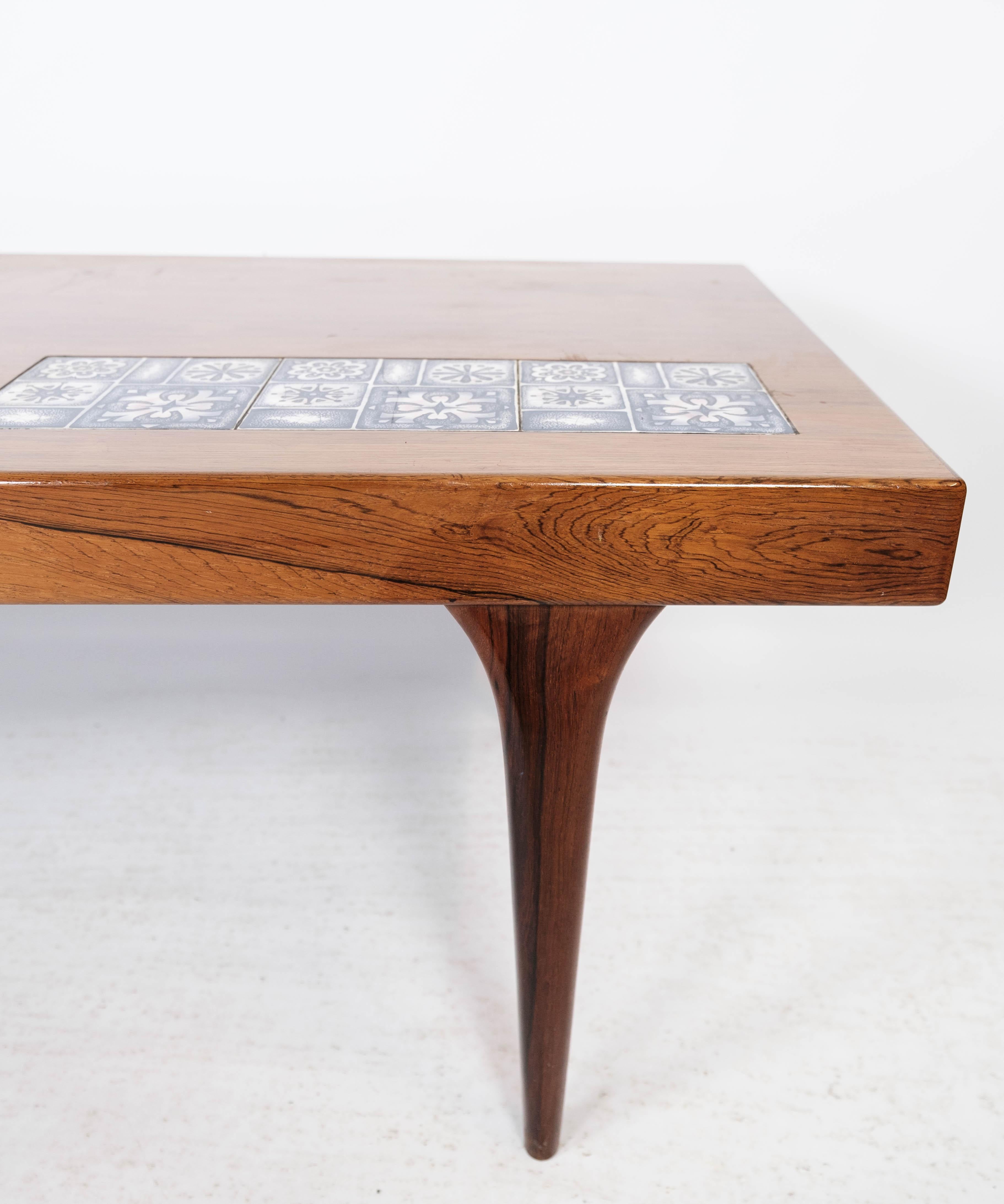 Mid-20th Century Coffee Table Made In Rosewood With Blue Tiles By Johannes Andersen From 1960s For Sale
