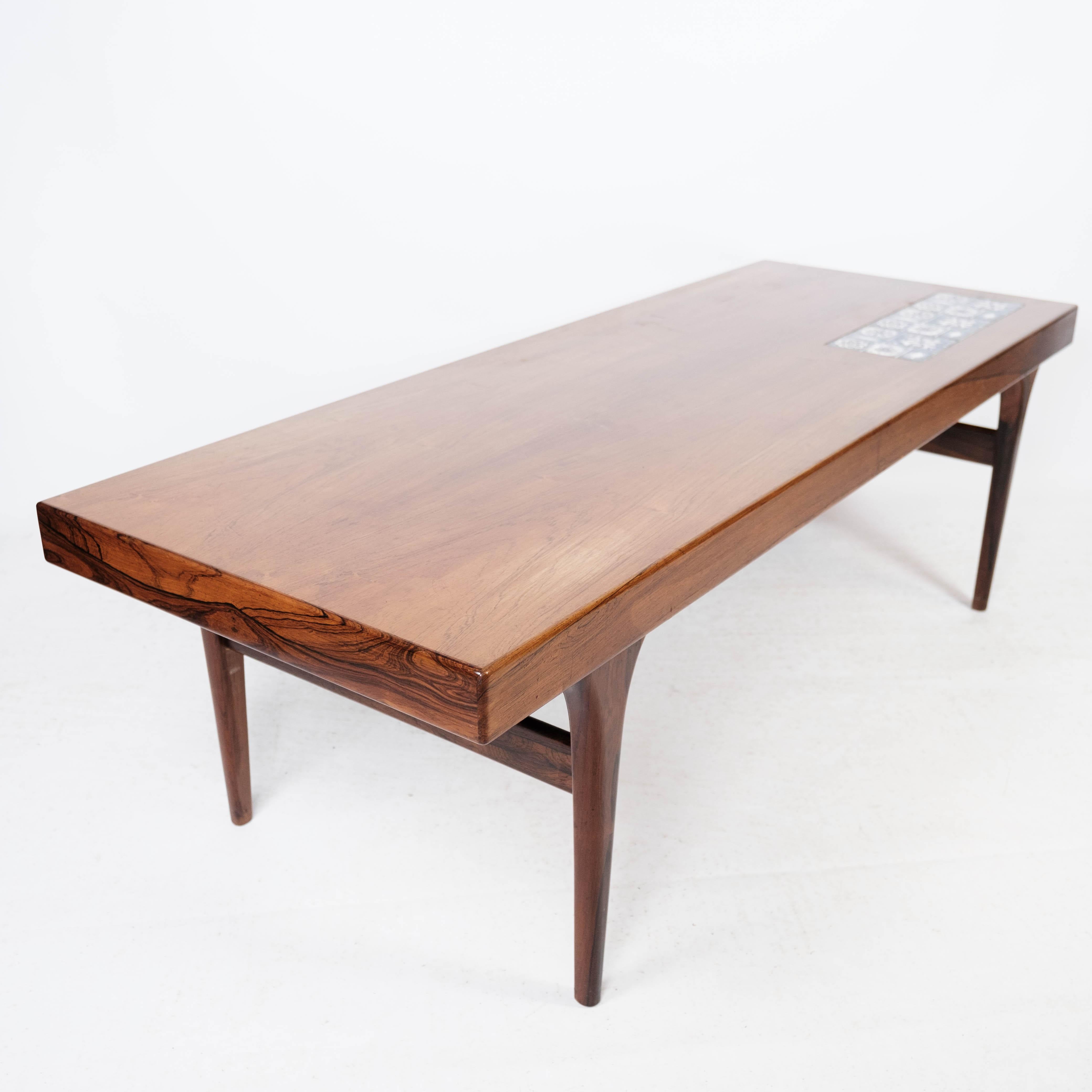 Ceramic Coffee Table Made In Rosewood With Blue Tiles By Johannes Andersen From 1960s For Sale