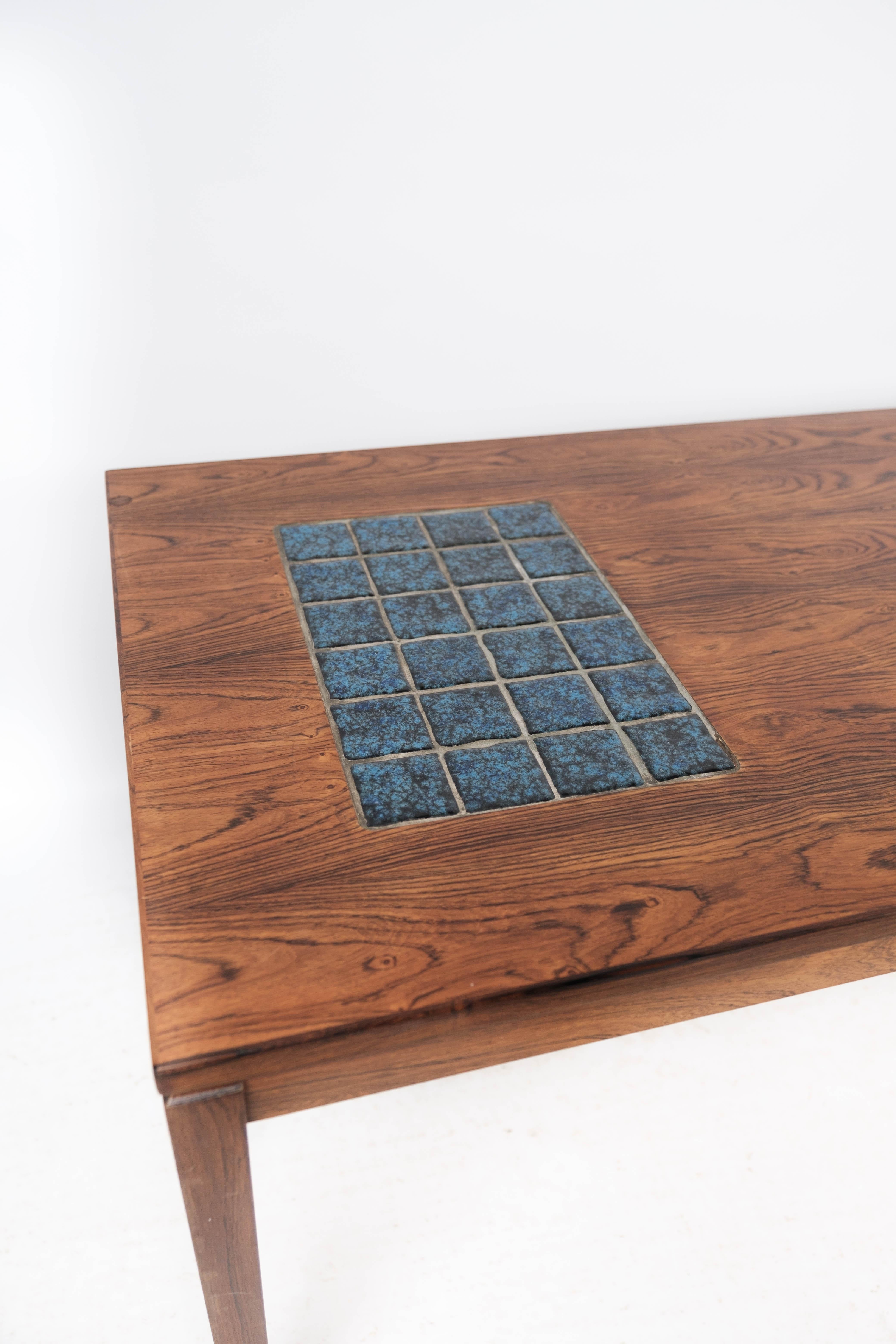 Danish Coffee Table Made In Rosewood With Blue Tiles From 1960s For Sale