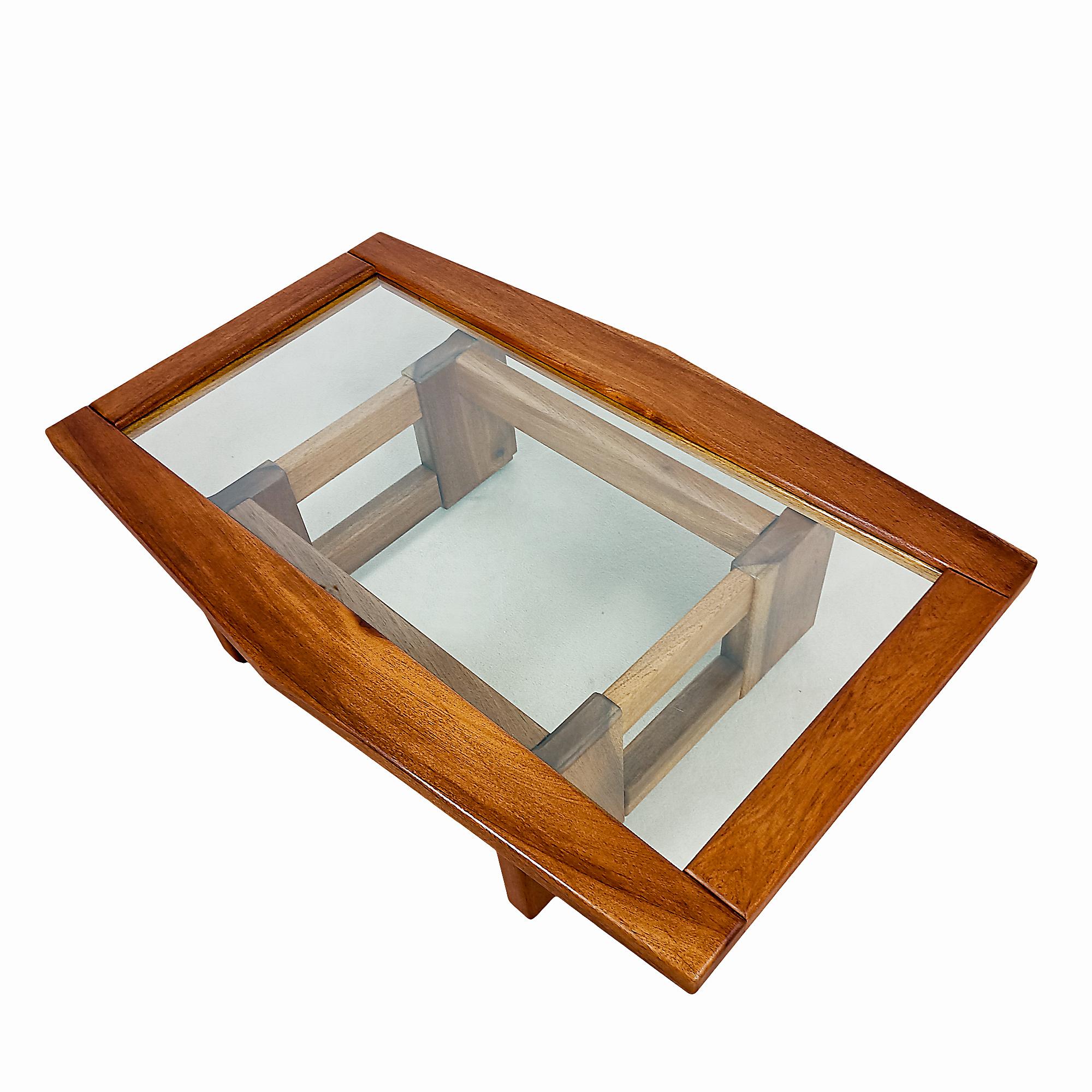 Modern Coffee table in solid walnut and glass - France 1970 For Sale