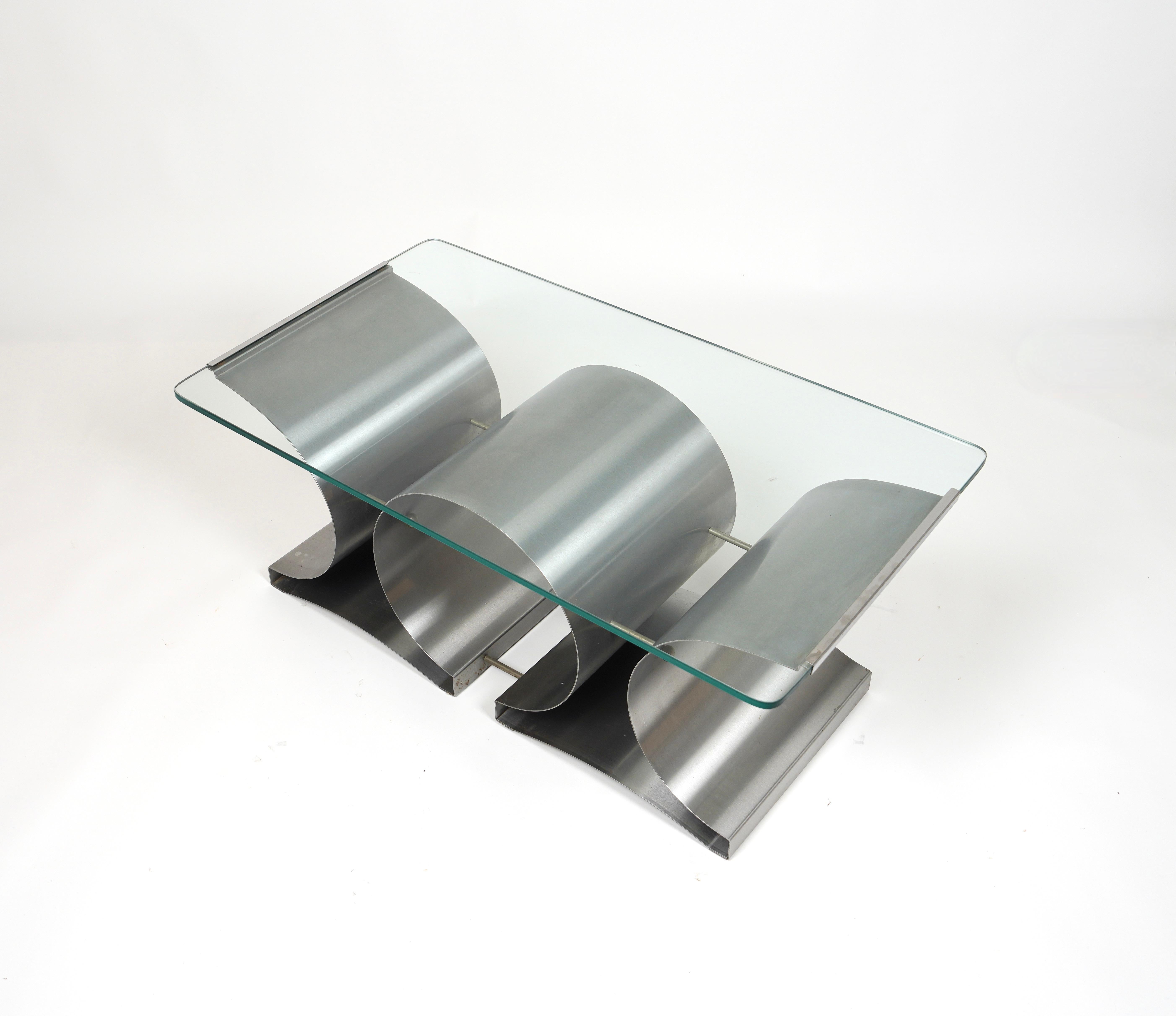 Coffee Table in Steel and Glass by Francois Monnet for Kappa, France, 1970s For Sale 4