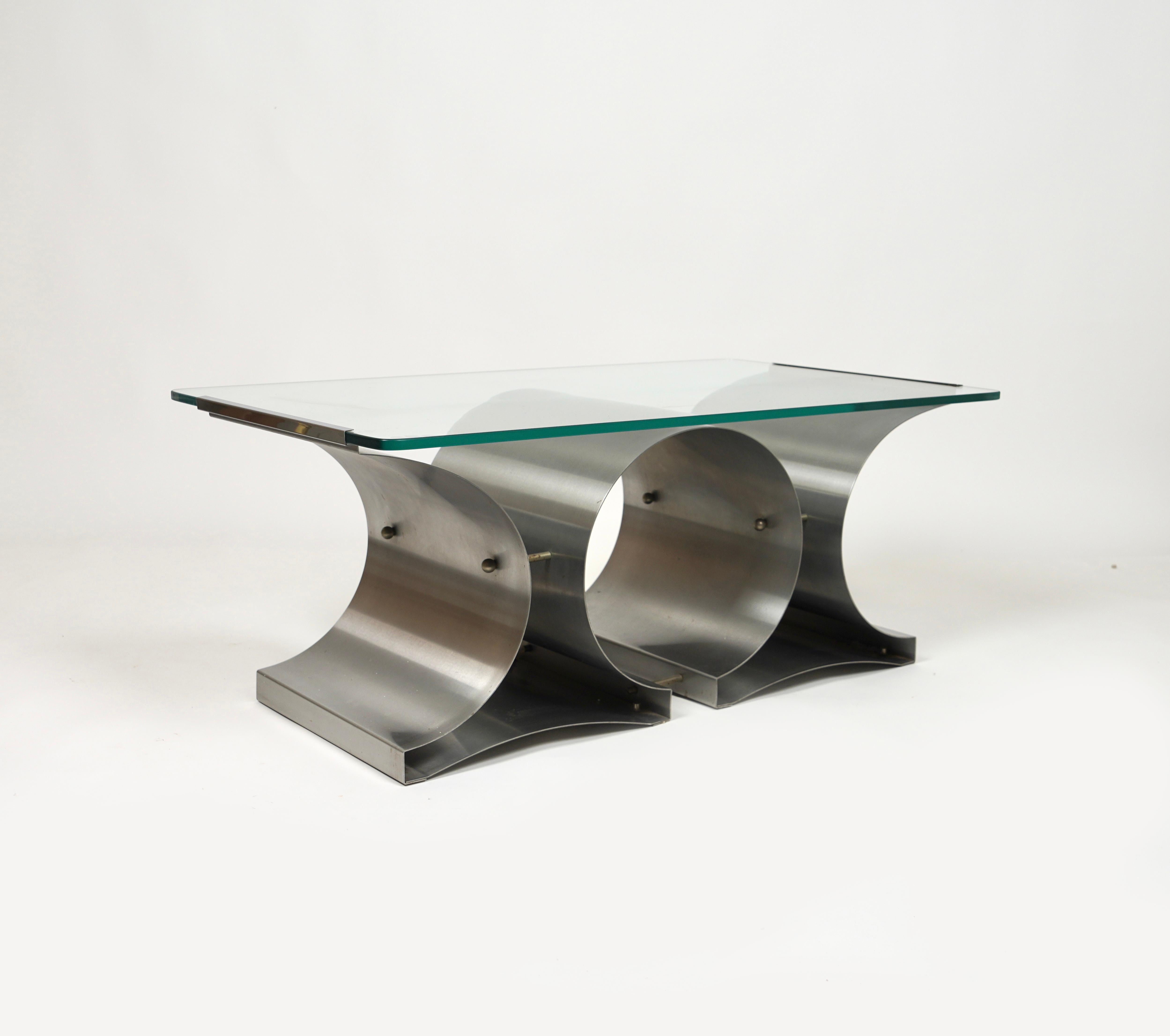 Coffee Table in Steel and Glass by Francois Monnet for Kappa, France, 1970s For Sale 5