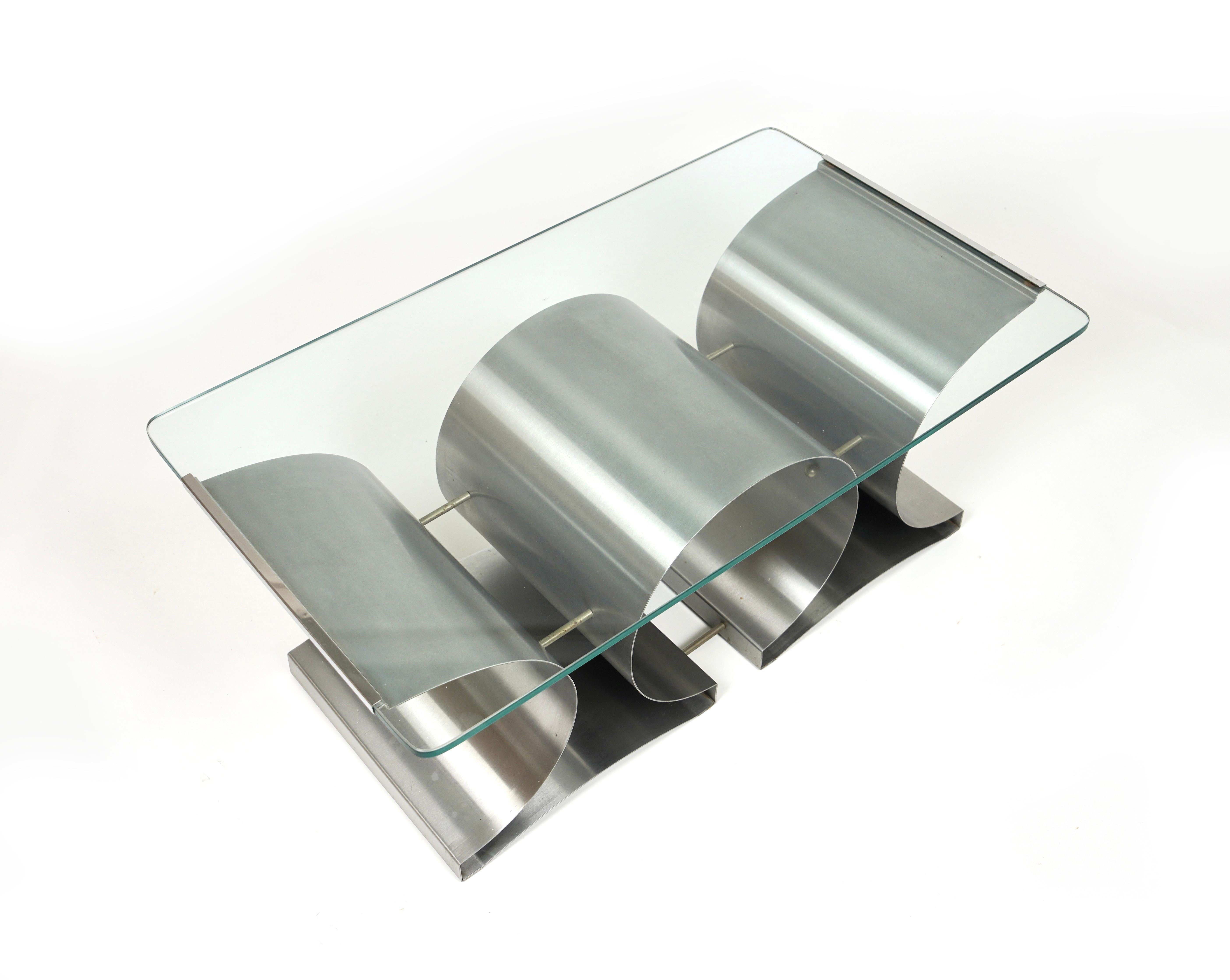 Mid-Century Modern Coffee Table in Steel and Glass by Francois Monnet for Kappa, France, 1970s For Sale