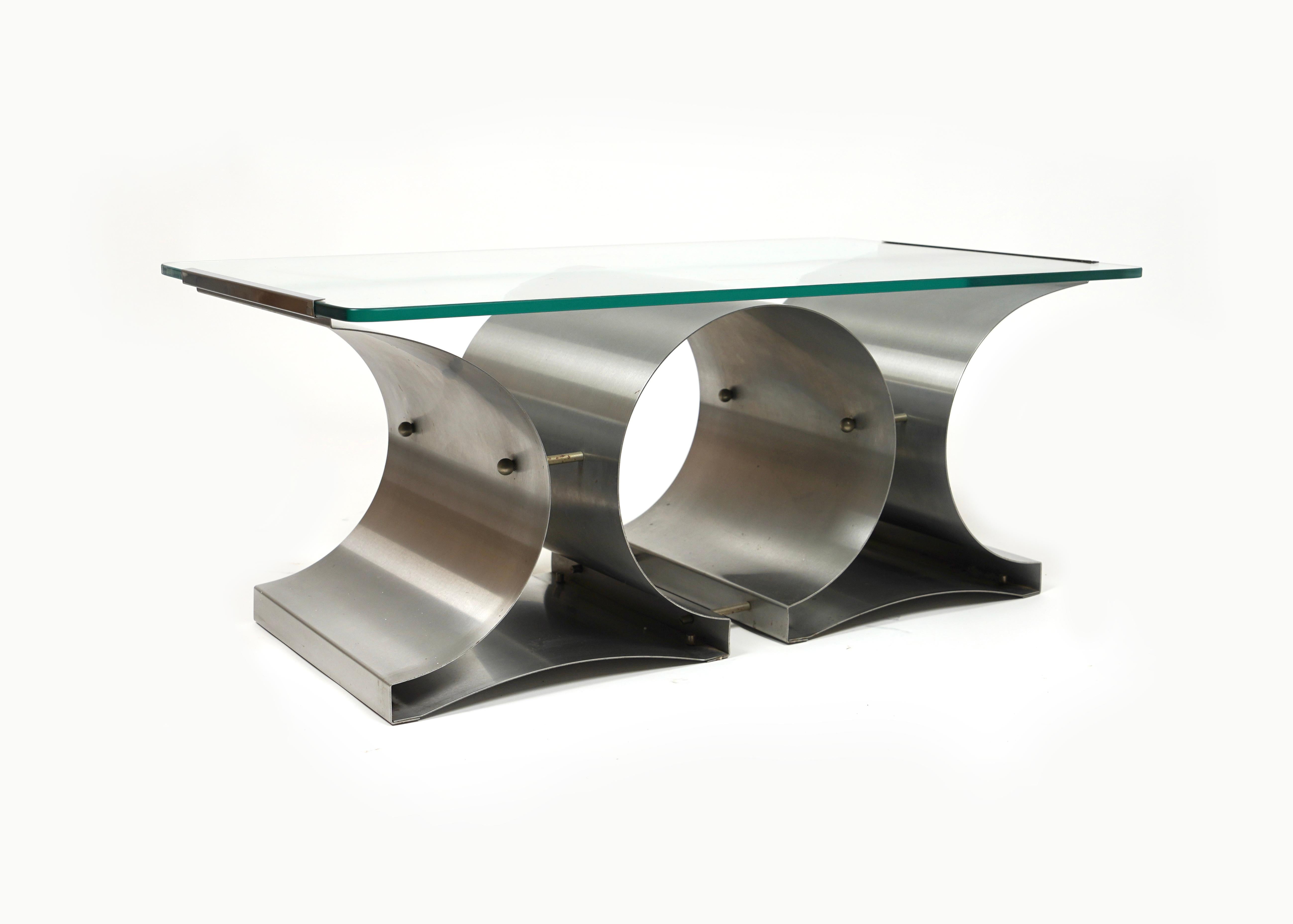 Mid-Century Modern Table basse en acier et verre de Francois Monnet pour Kappa, France, 1970 en vente