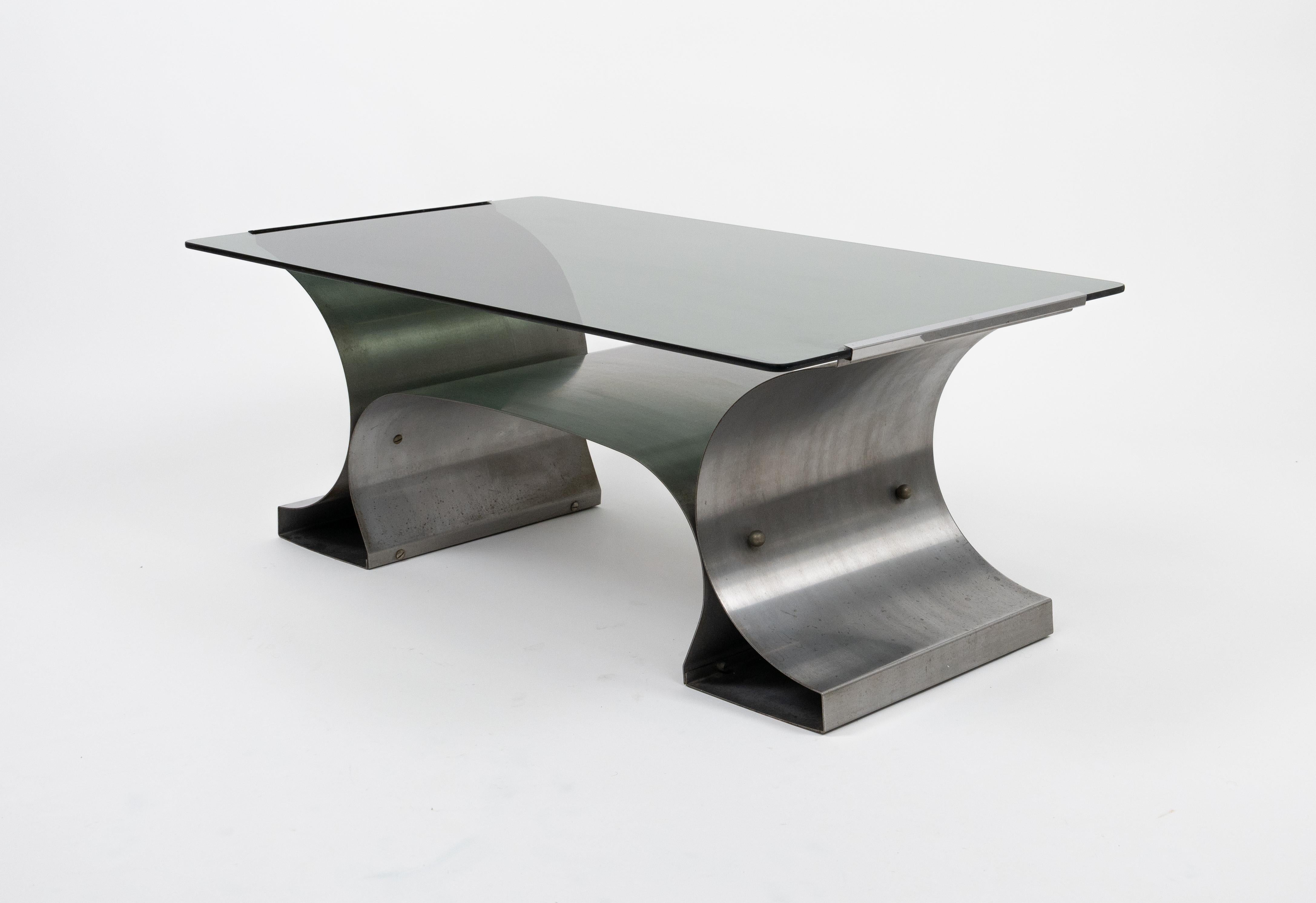 Polished Coffee Table in Steel and Glass by Francois Monnet for Kappa, France, 1970s