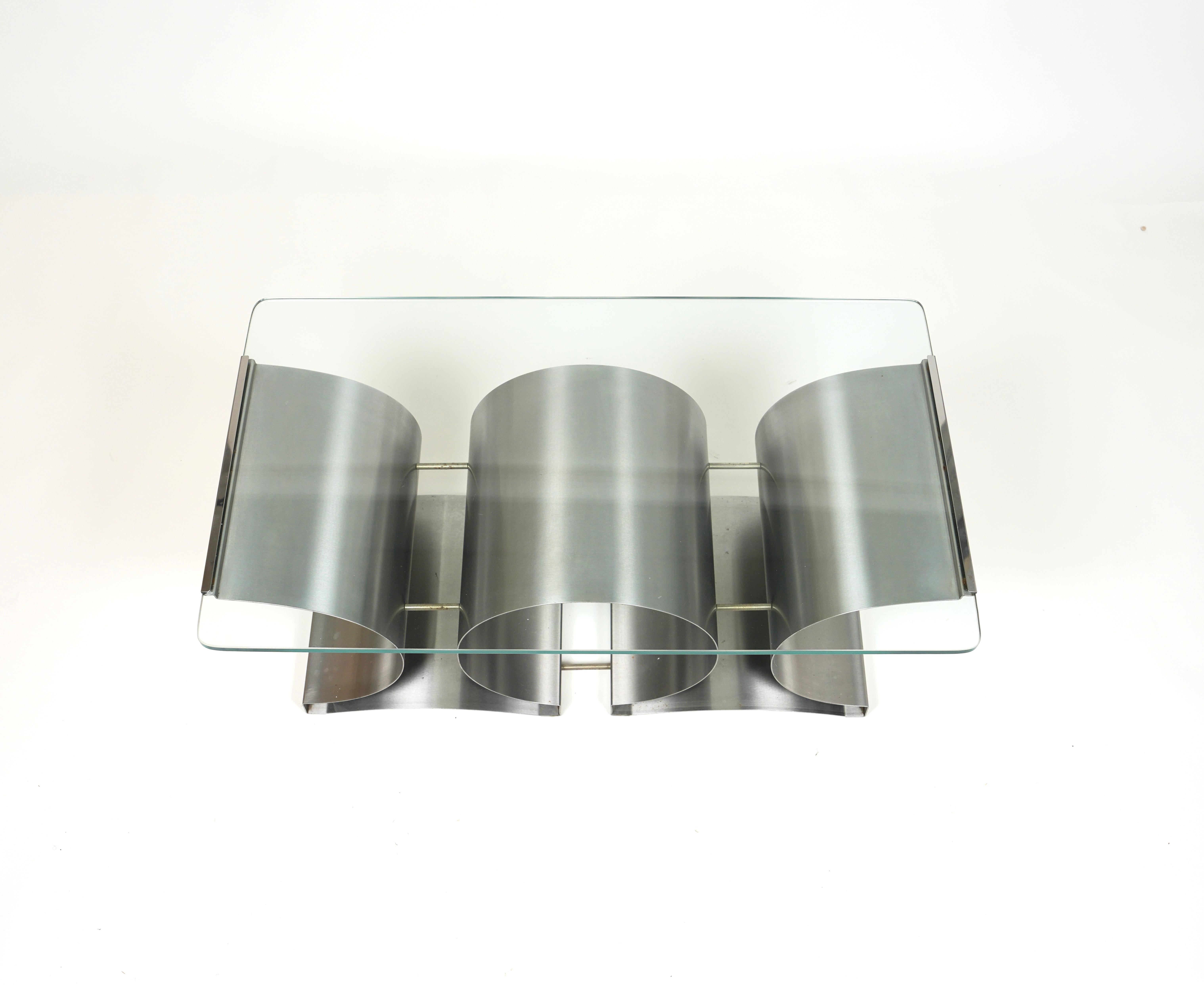 Coffee Table in Steel and Glass by Francois Monnet for Kappa, France, 1970s For Sale 1