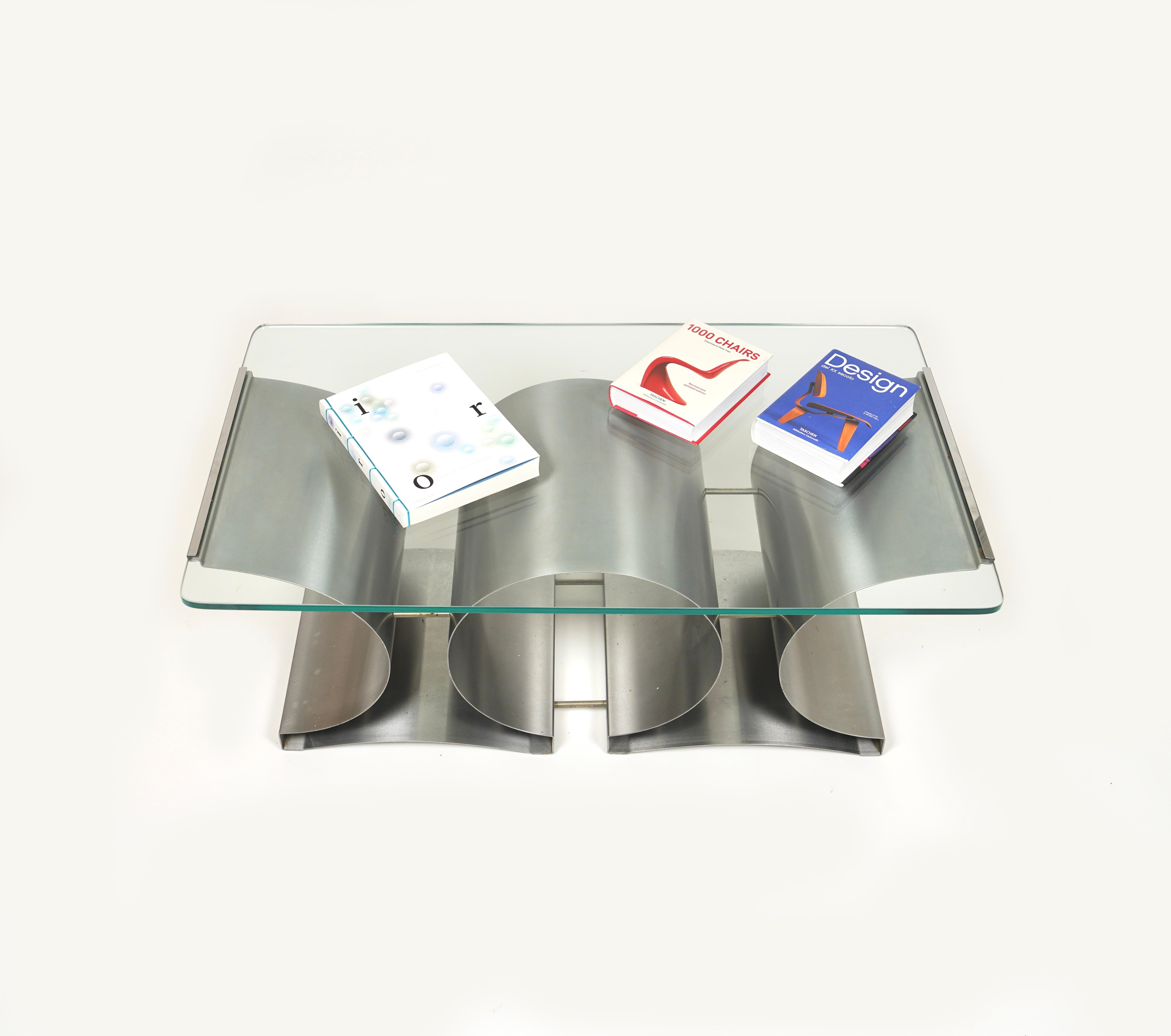 Coffee Table in Steel and Glass by Francois Monnet for Kappa, France, 1970s For Sale 2