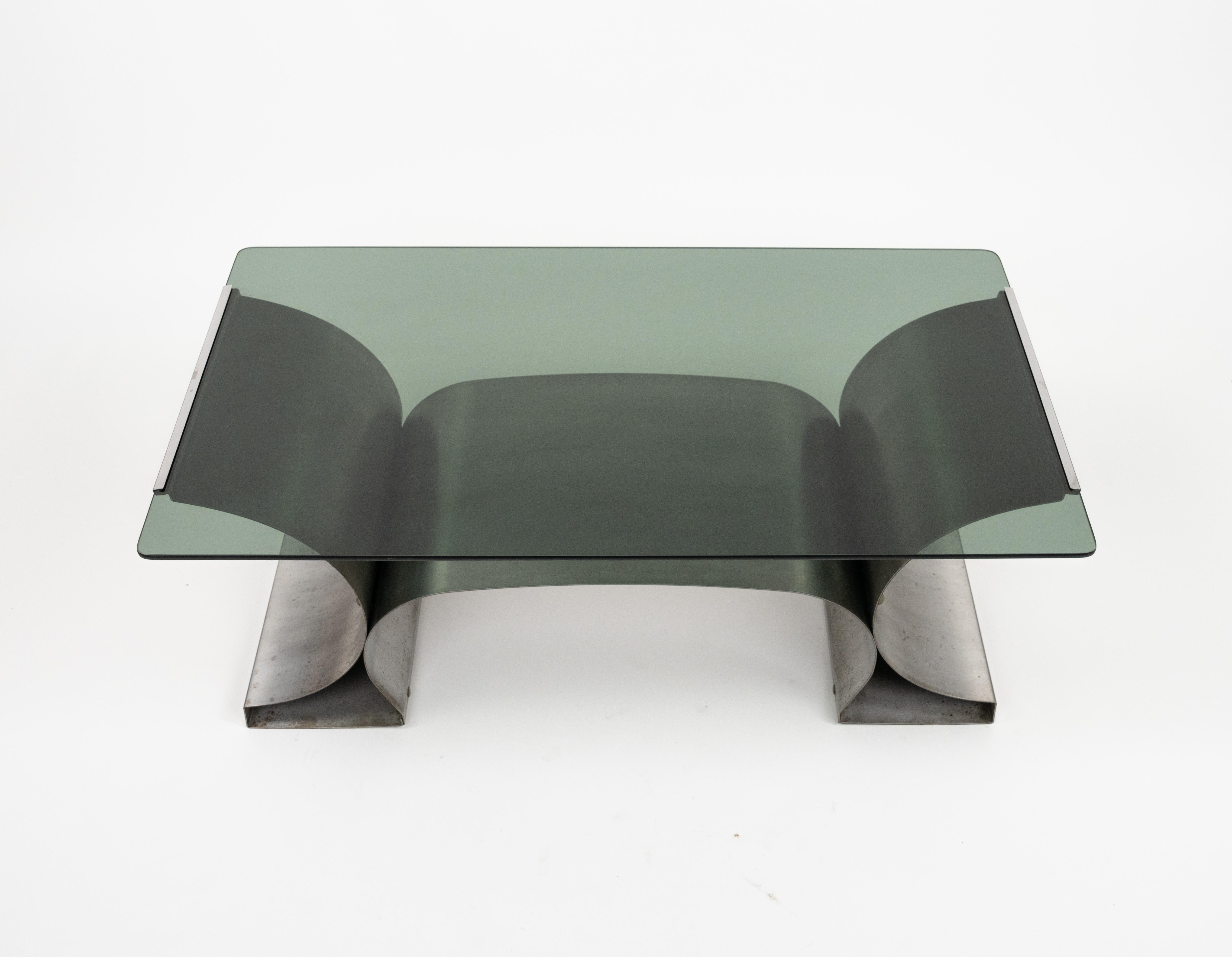Metal Coffee Table in Steel and Glass by Francois Monnet for Kappa, France, 1970s