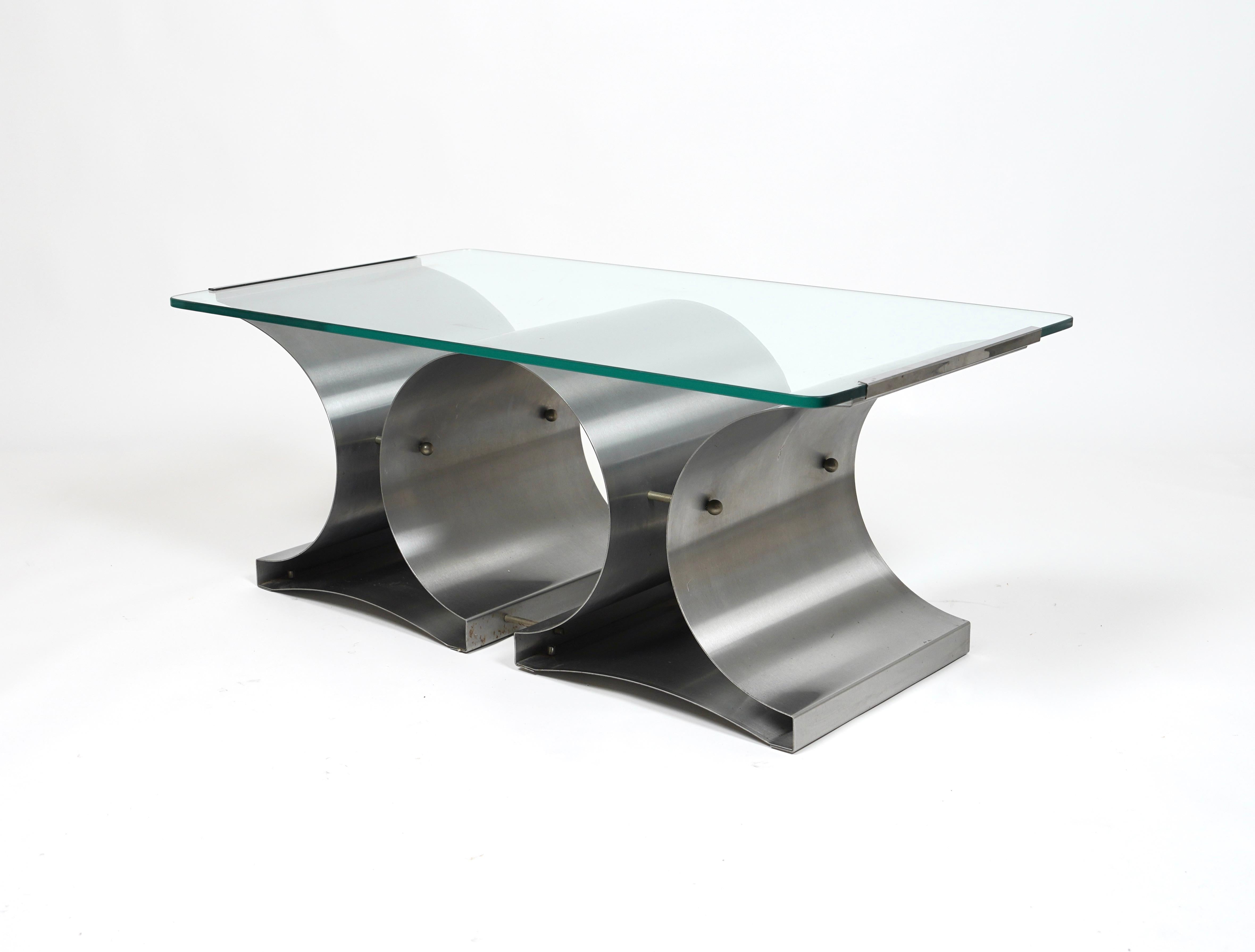 Coffee Table in Steel and Glass by Francois Monnet for Kappa, France, 1970s For Sale 3