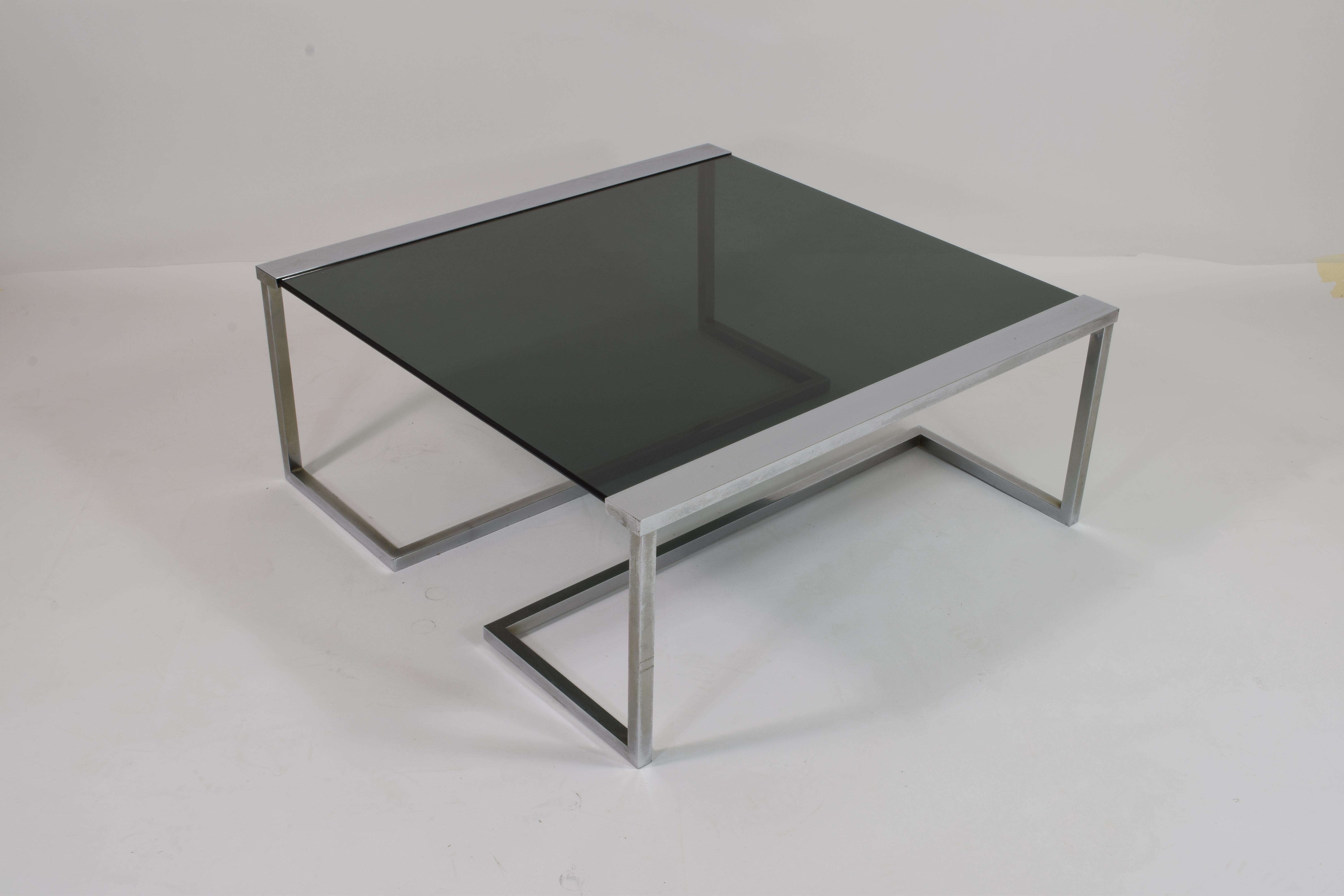 Coffee table in steel and smoked glass, Itali 1970.