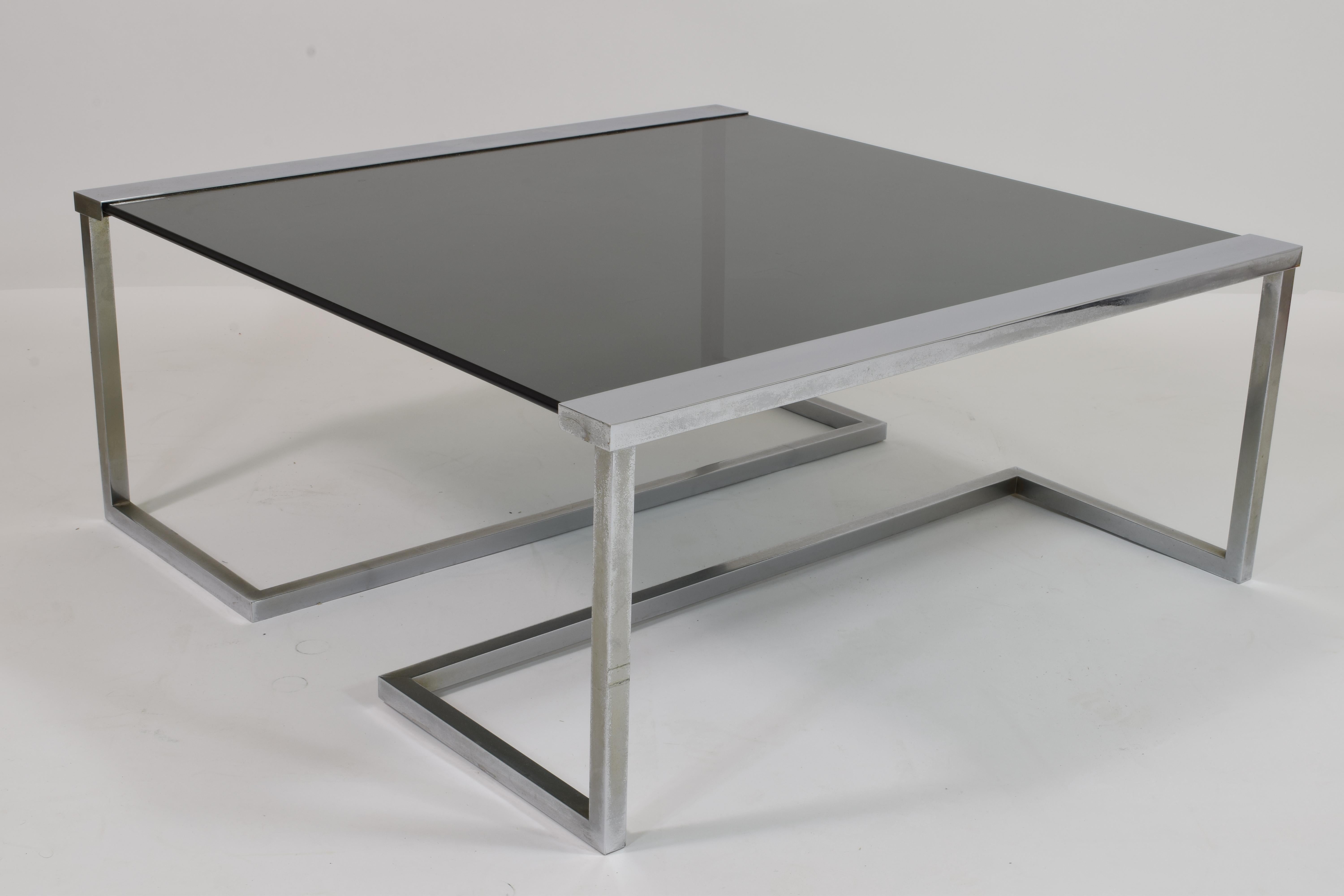 Mid-Century Modern Coffee Table in Steel and Smoked Glass, Italy 1970 For Sale