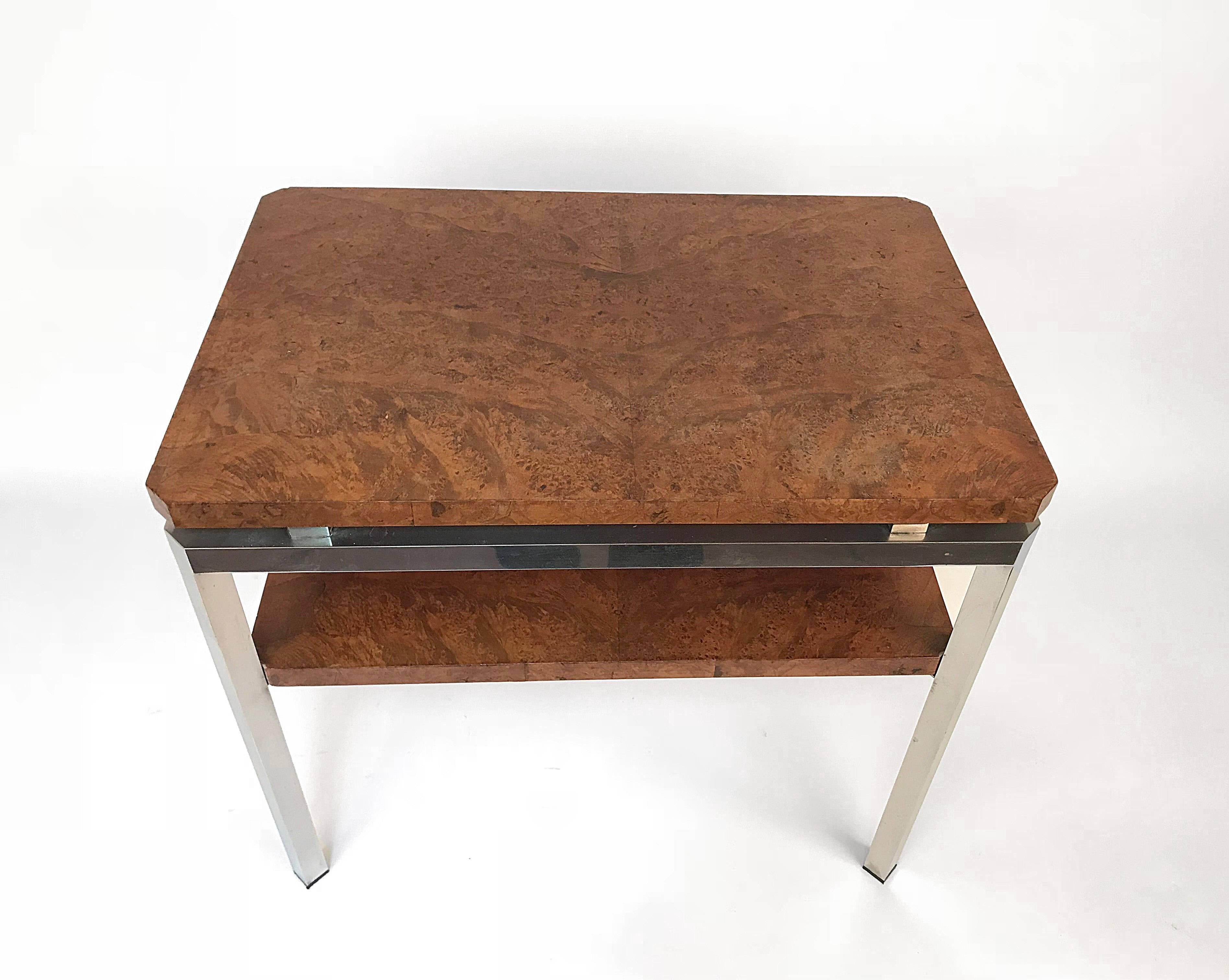 Coffee Table in Steel and Walnut Burl, Two Shelves Italy 1970s Willy Rizzo Style 1