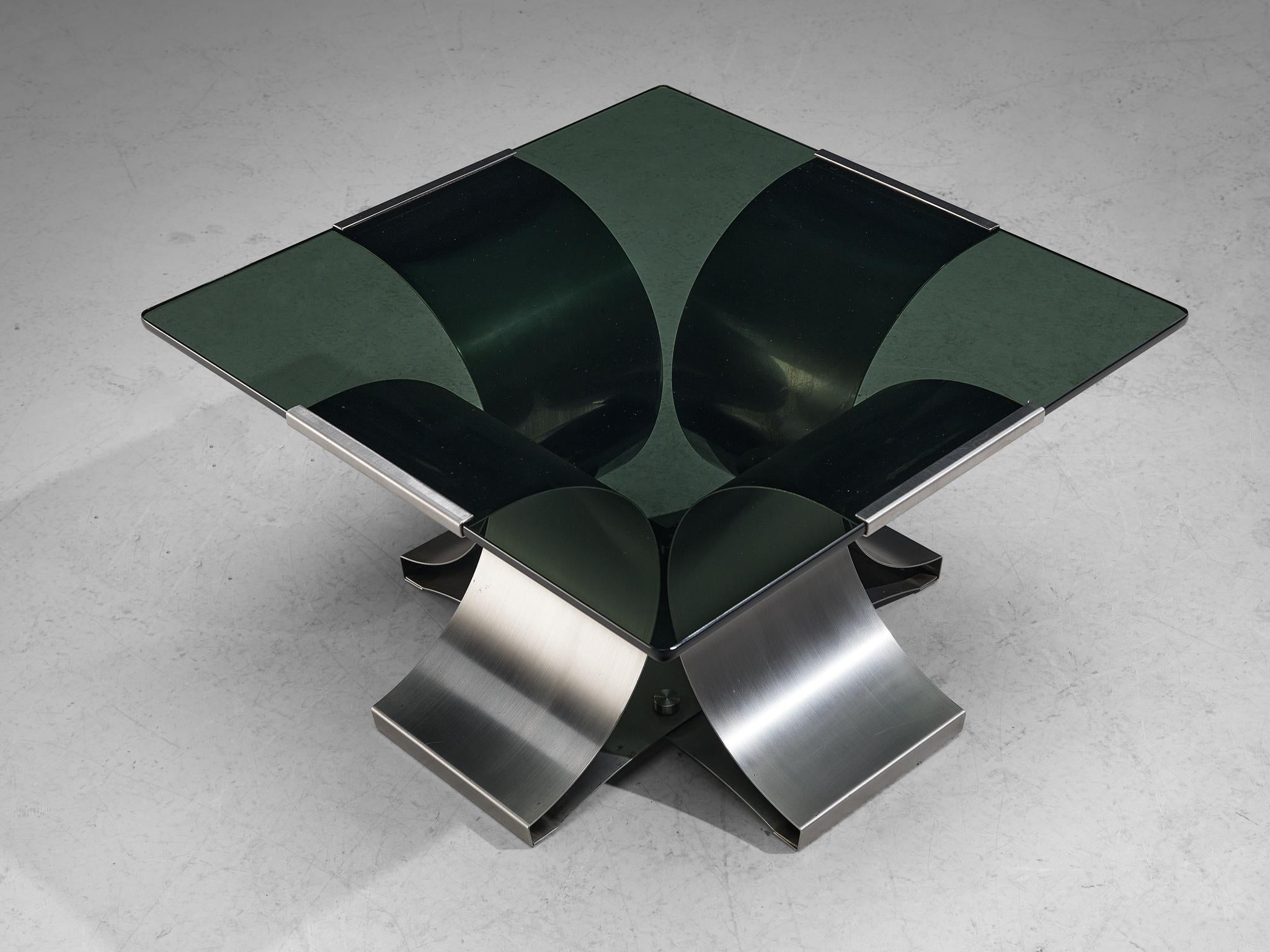 Coffee table, brushed steel, glass, Europe, 1970s

A lovely and sleek square coffee table in a folded flat steel structure with brushed surface and smoked glass table top. The design of this table has a very modern and contemporary feel because of
