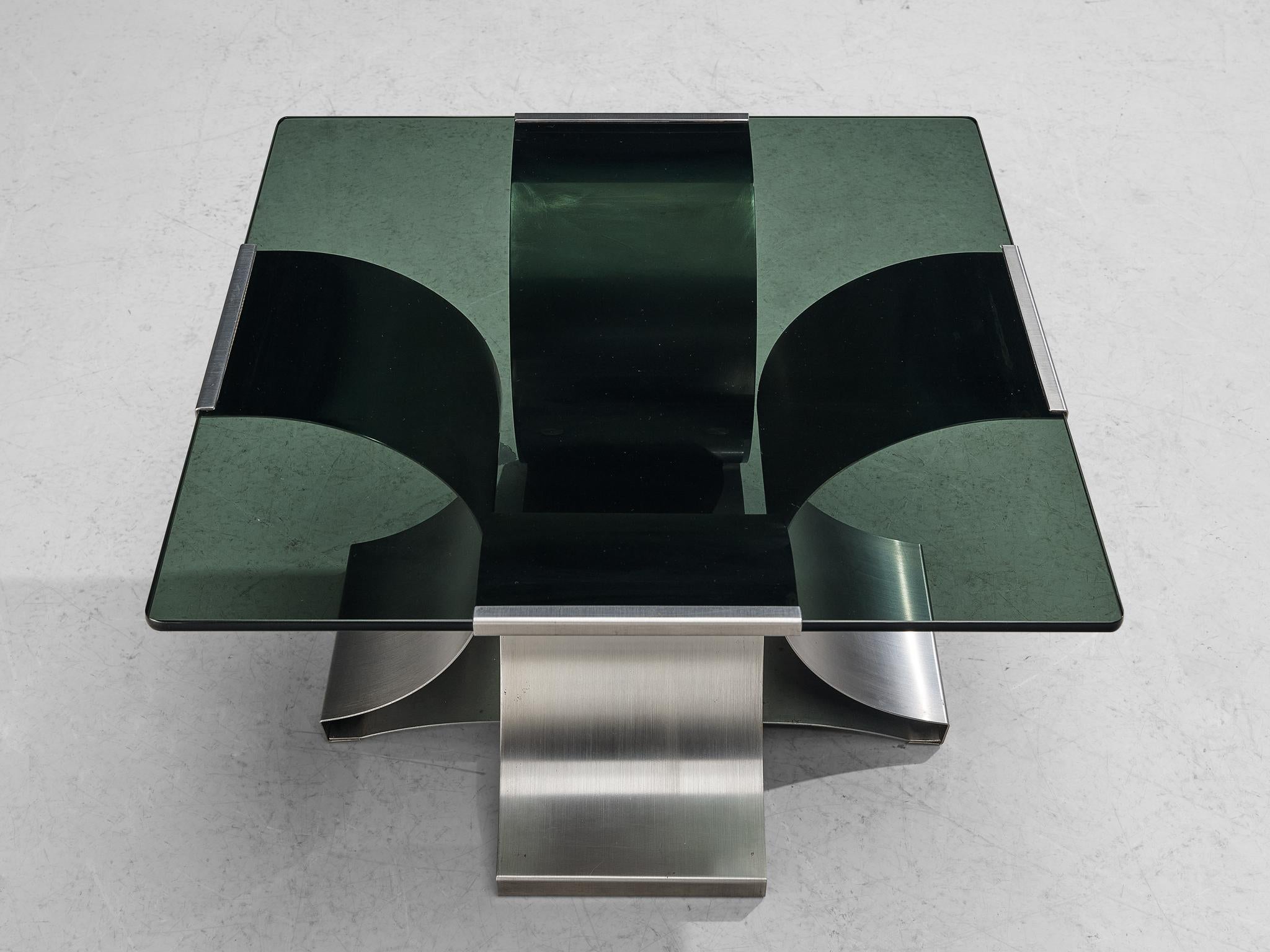 Table basse en structure d'acier avec plateau en verre fumé Bon état - En vente à Waalwijk, NL