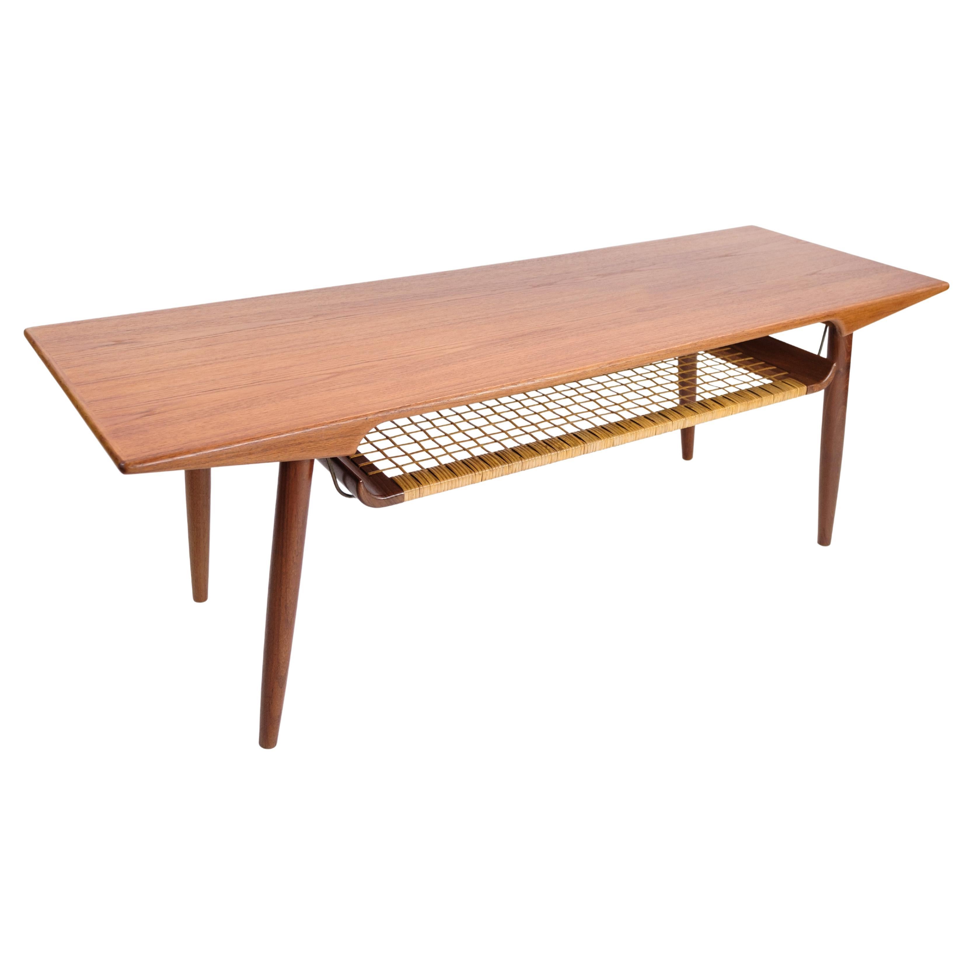 Coffee Table Made In Teak & Paper Cord Shelf, Danish Design From 1960s