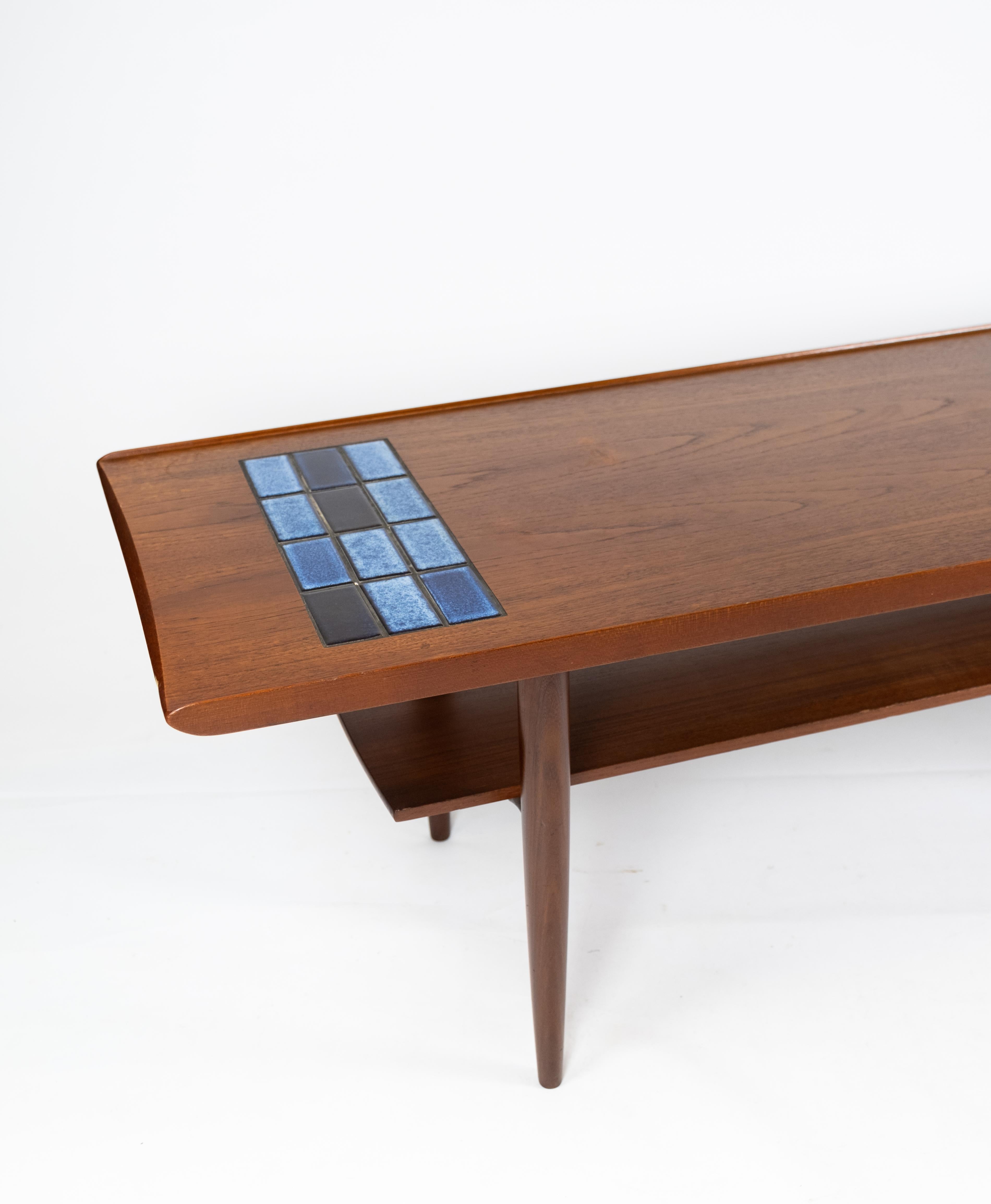 Scandinavian Modern Coffee Table in Teak with Blue Tiles of Danish Design from the 1960s