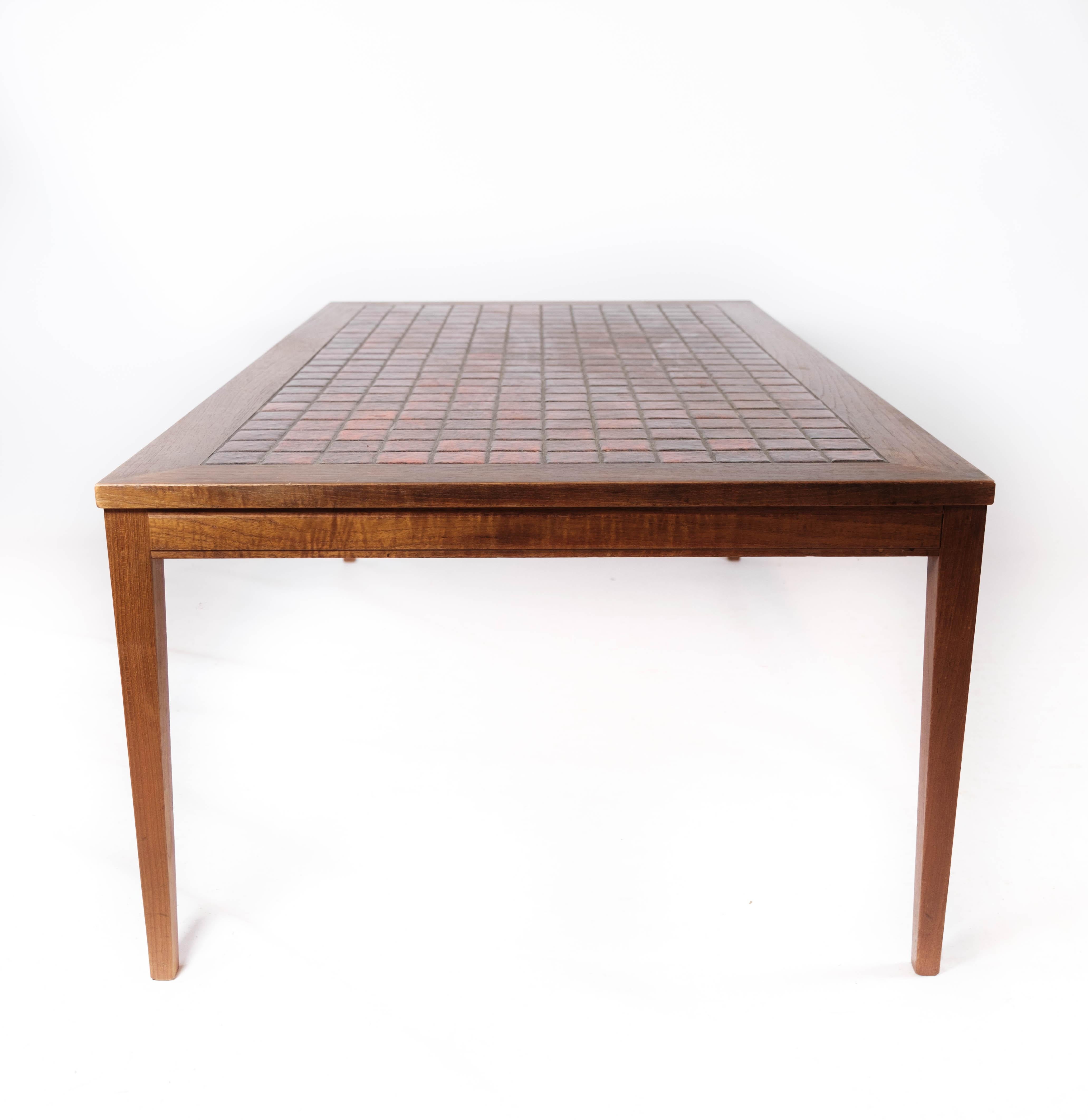 Coffee Table Made In Teak With Red Tiles From 1960s For Sale 3