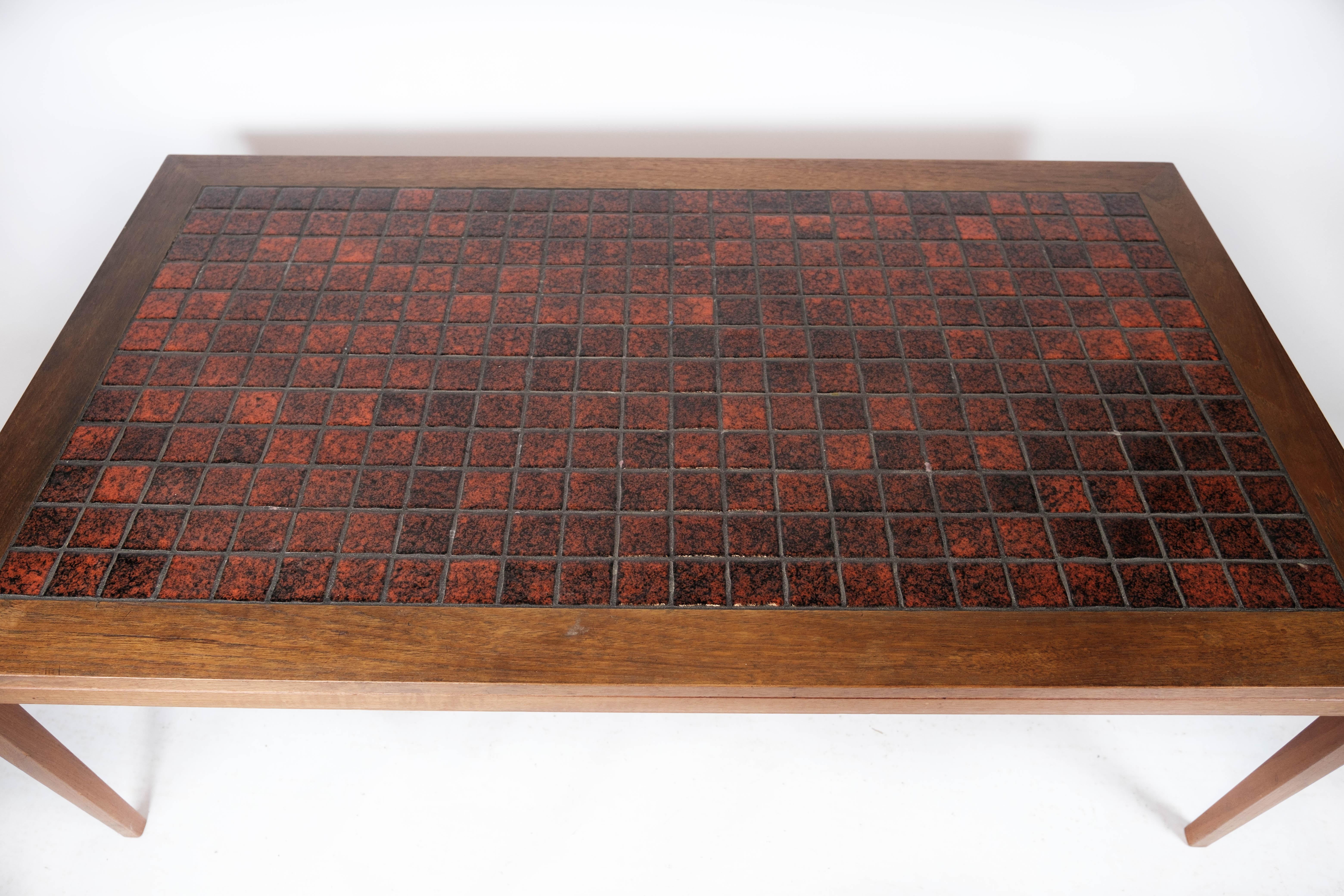 Danish Coffee Table Made In Teak With Red Tiles From 1960s For Sale