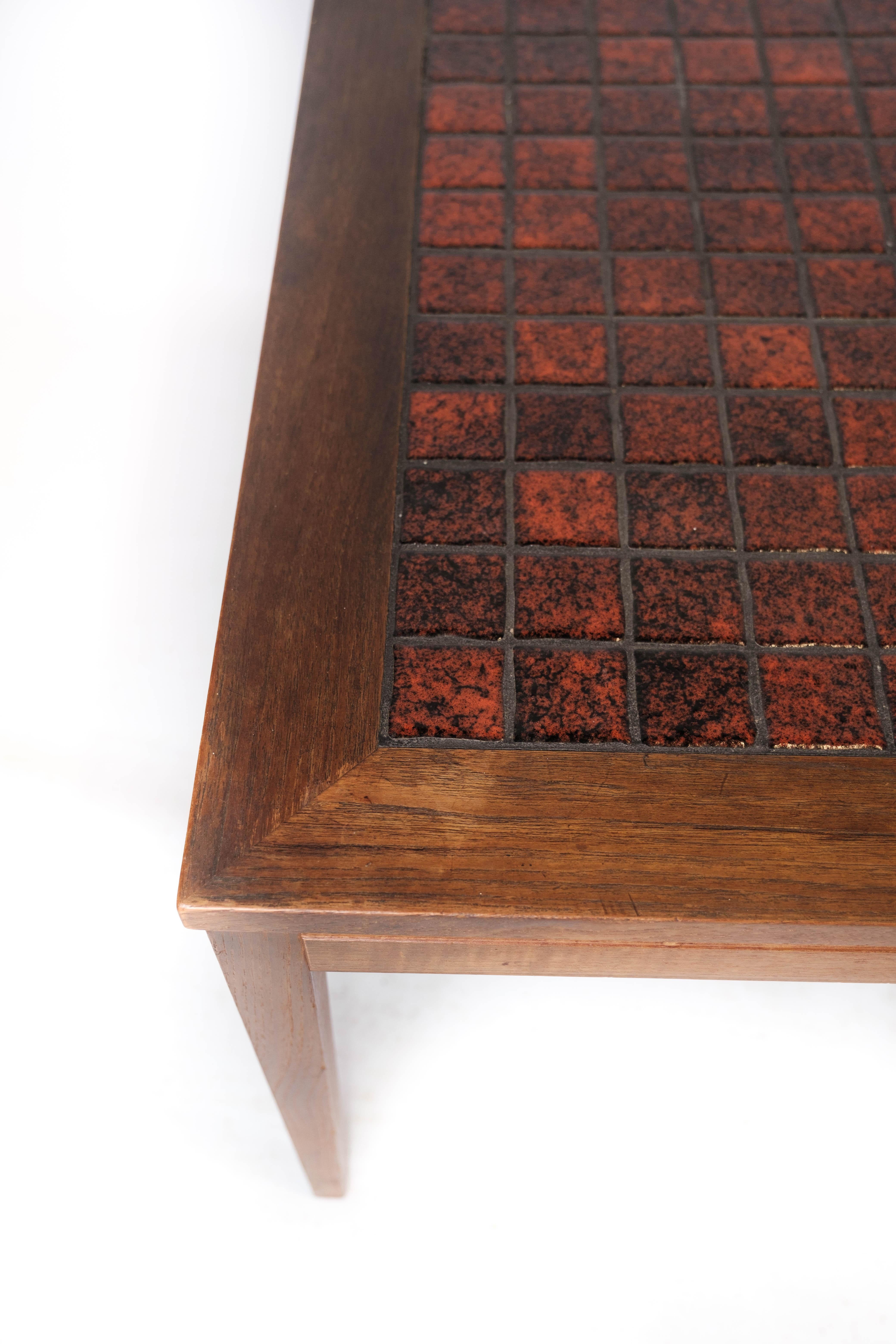 Ceramic Coffee Table Made In Teak With Red Tiles From 1960s For Sale