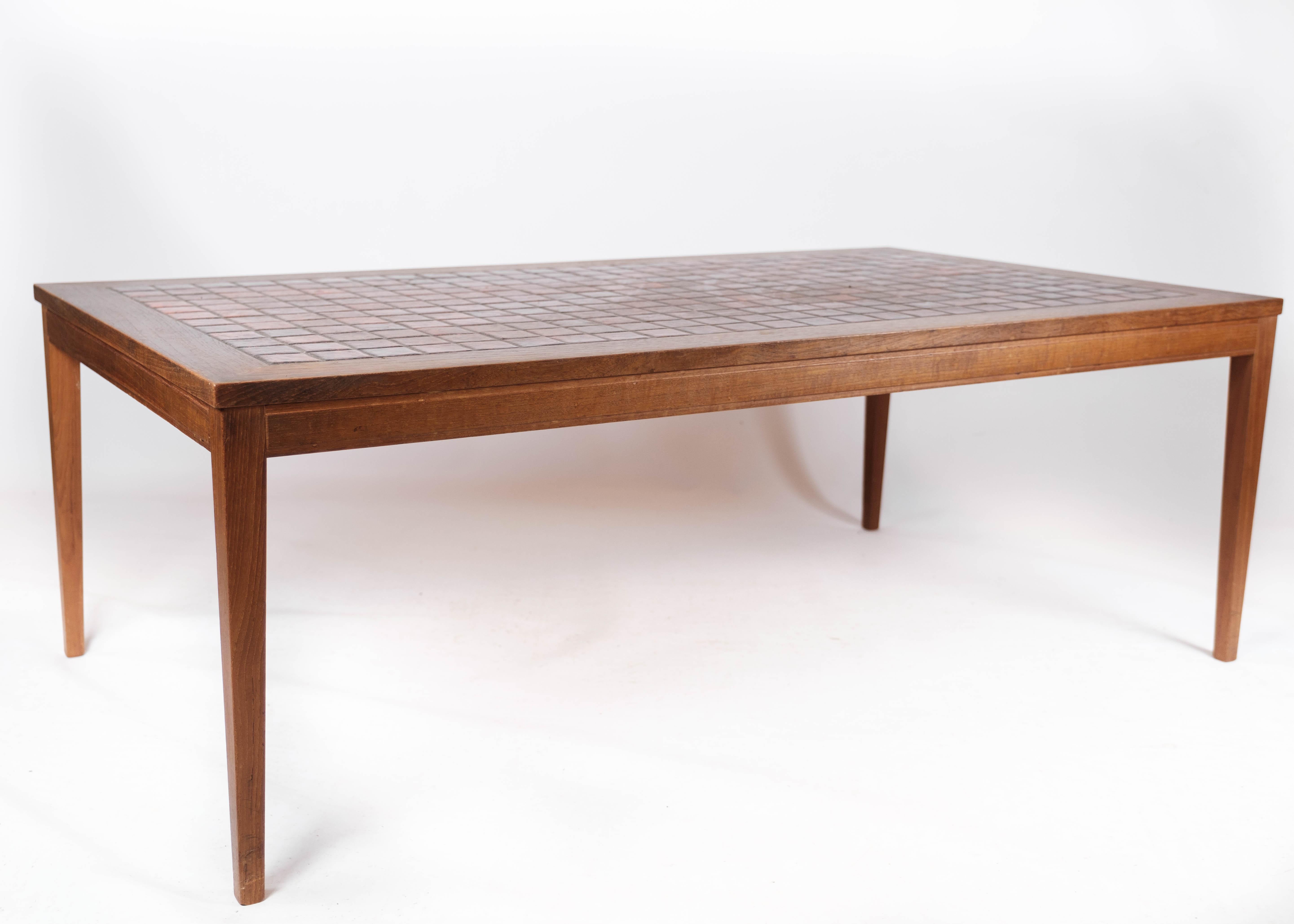 Coffee Table Made In Teak With Red Tiles From 1960s For Sale 1