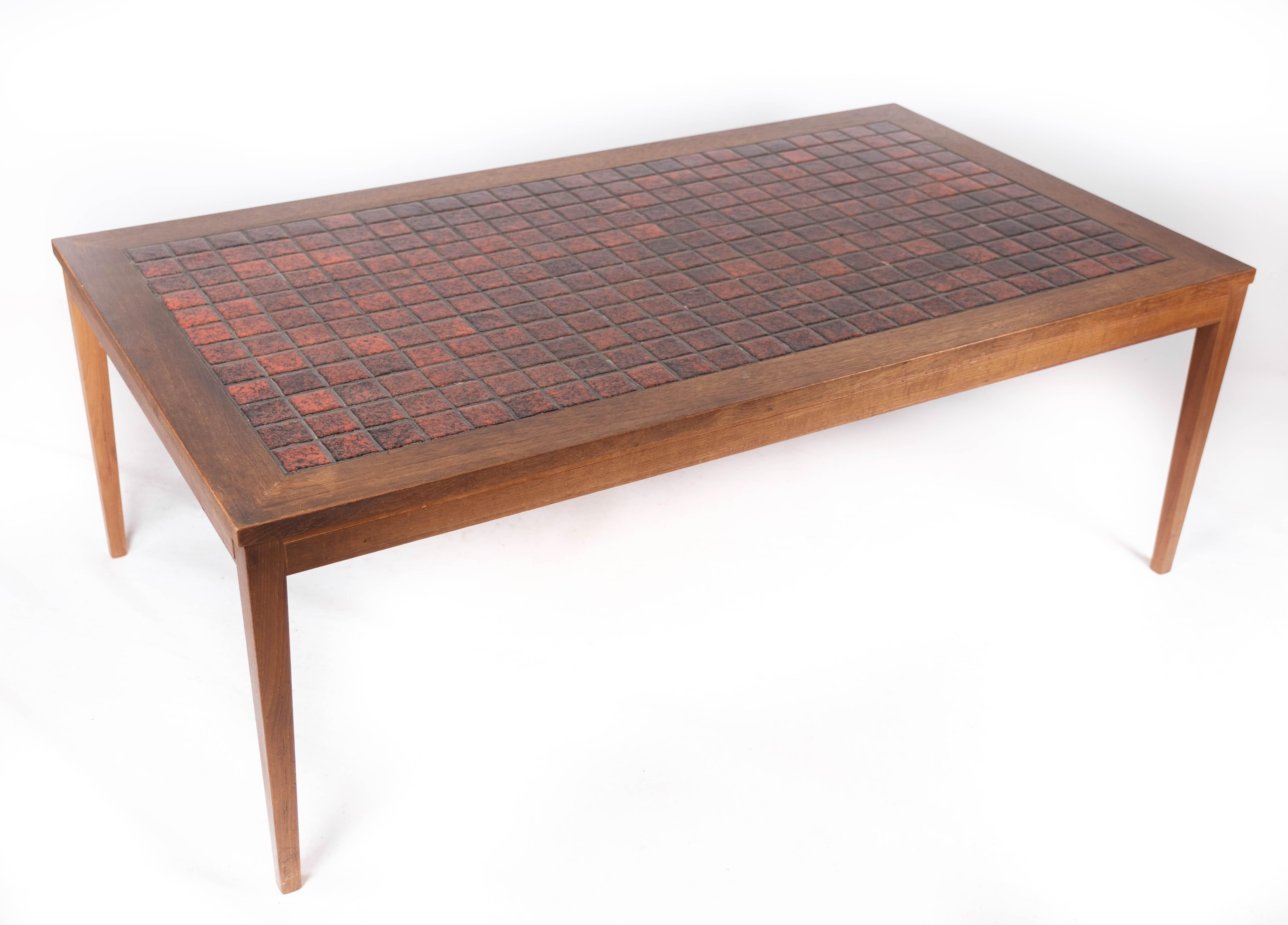 Coffee Table Made In Teak With Red Tiles From 1960s For Sale 2
