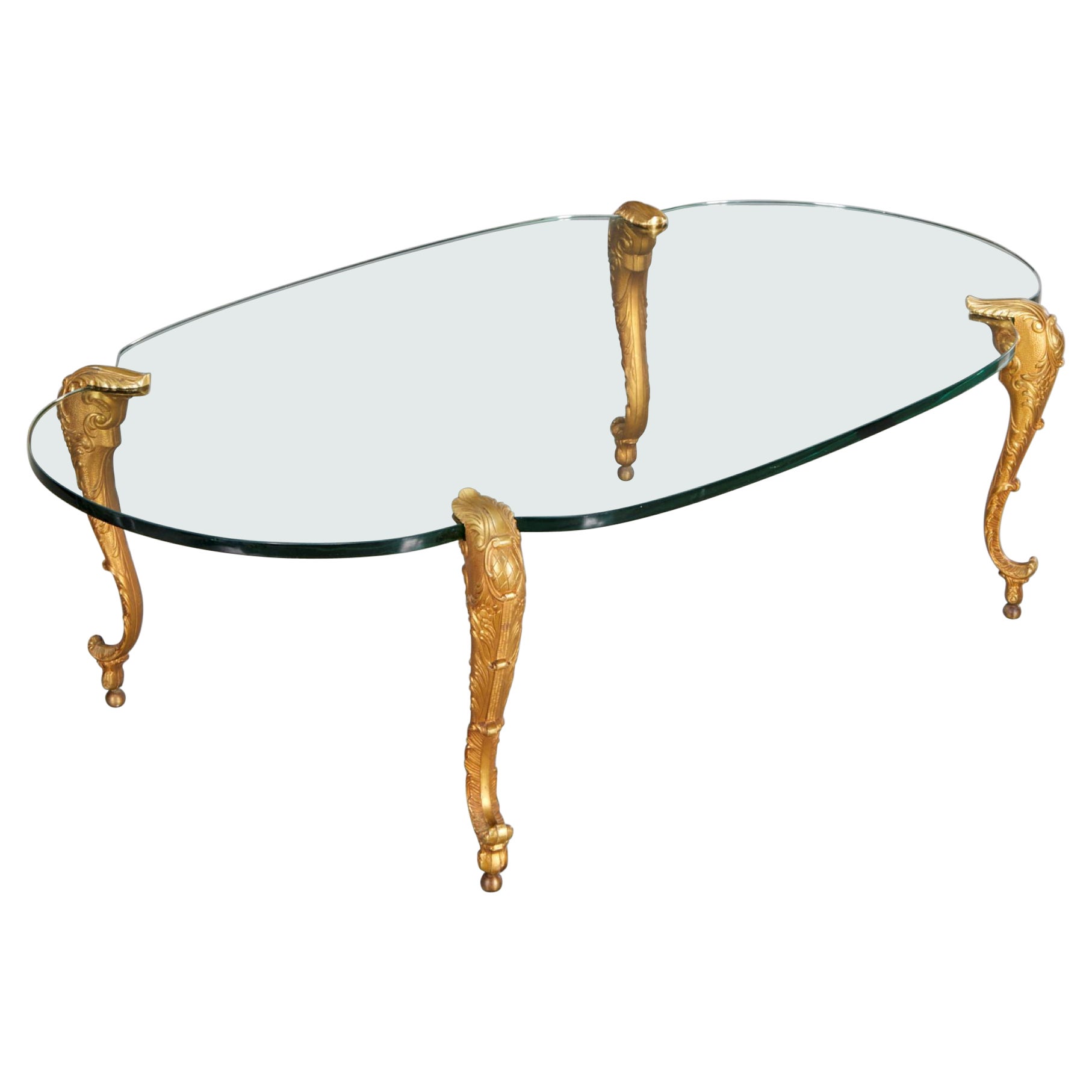 Coffee Table in the Manner of P.E. Guerin with Cast Bronze Base and Shaped Glass